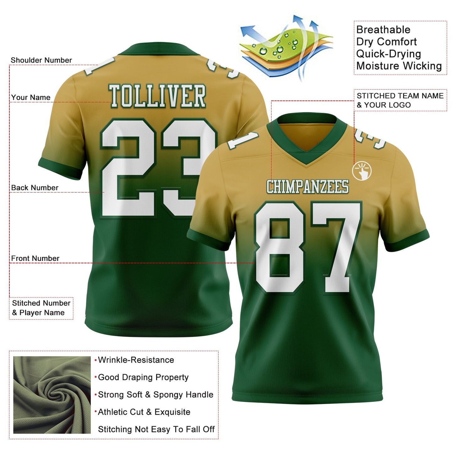 Custom Old Gold White-Green Authentic Fade Fashion Football Jersey view 2