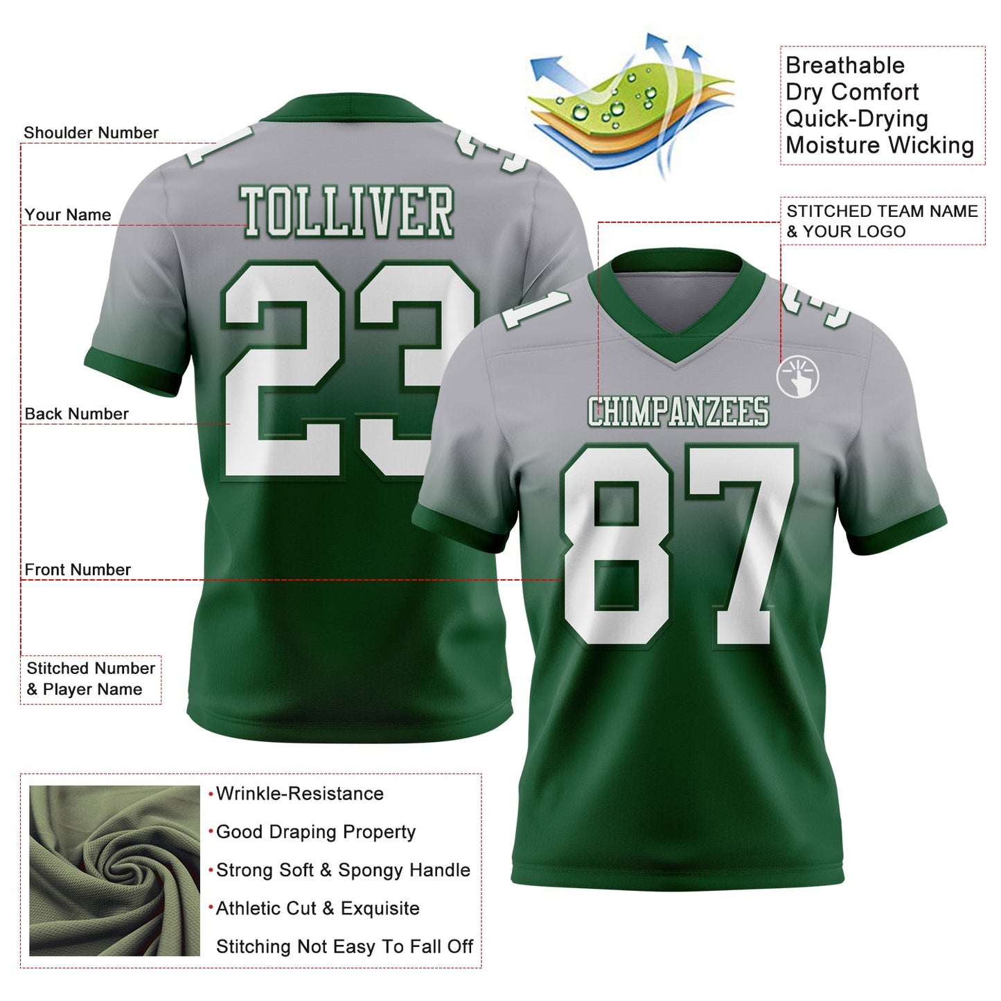Custom Gray White-Green Authentic Fade Fashion Football Jersey view 2