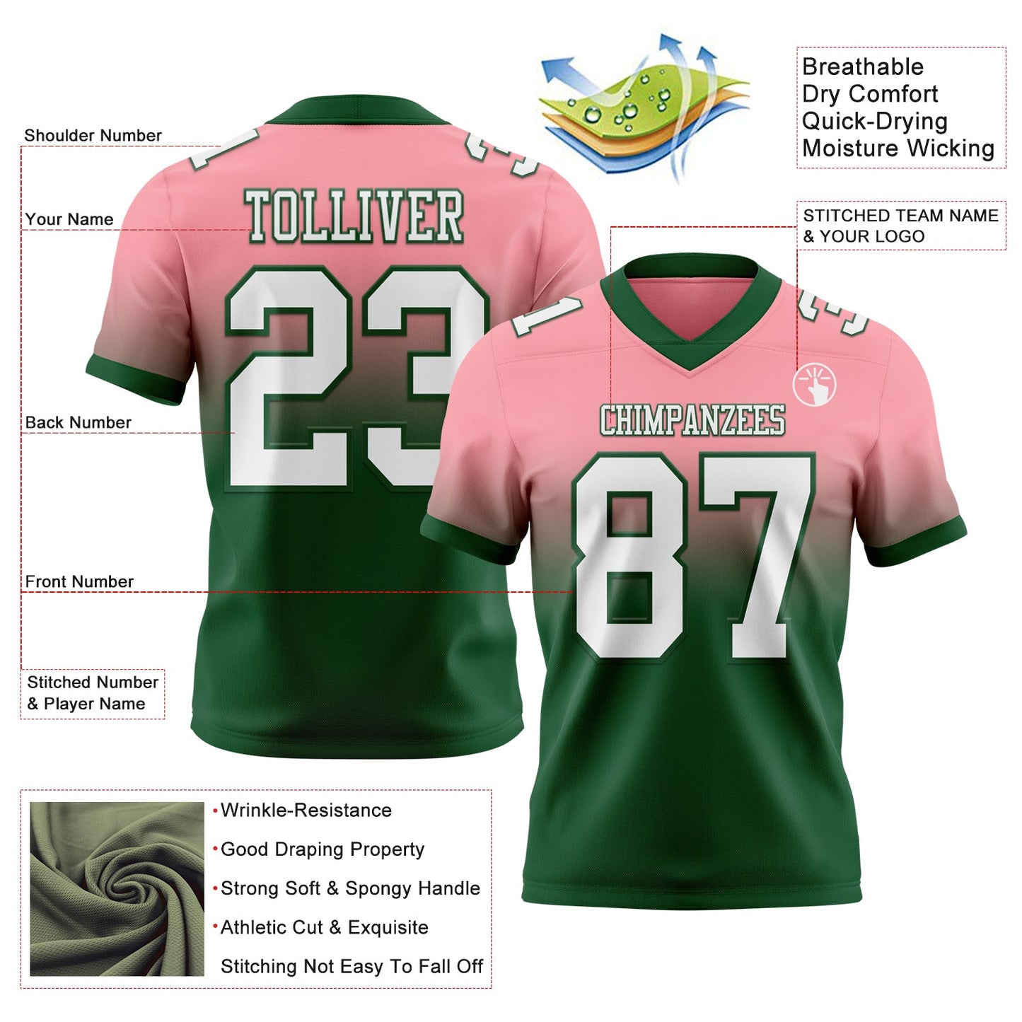 Custom Medium Pink White-Green Authentic Fade Fashion Football Jersey view 2