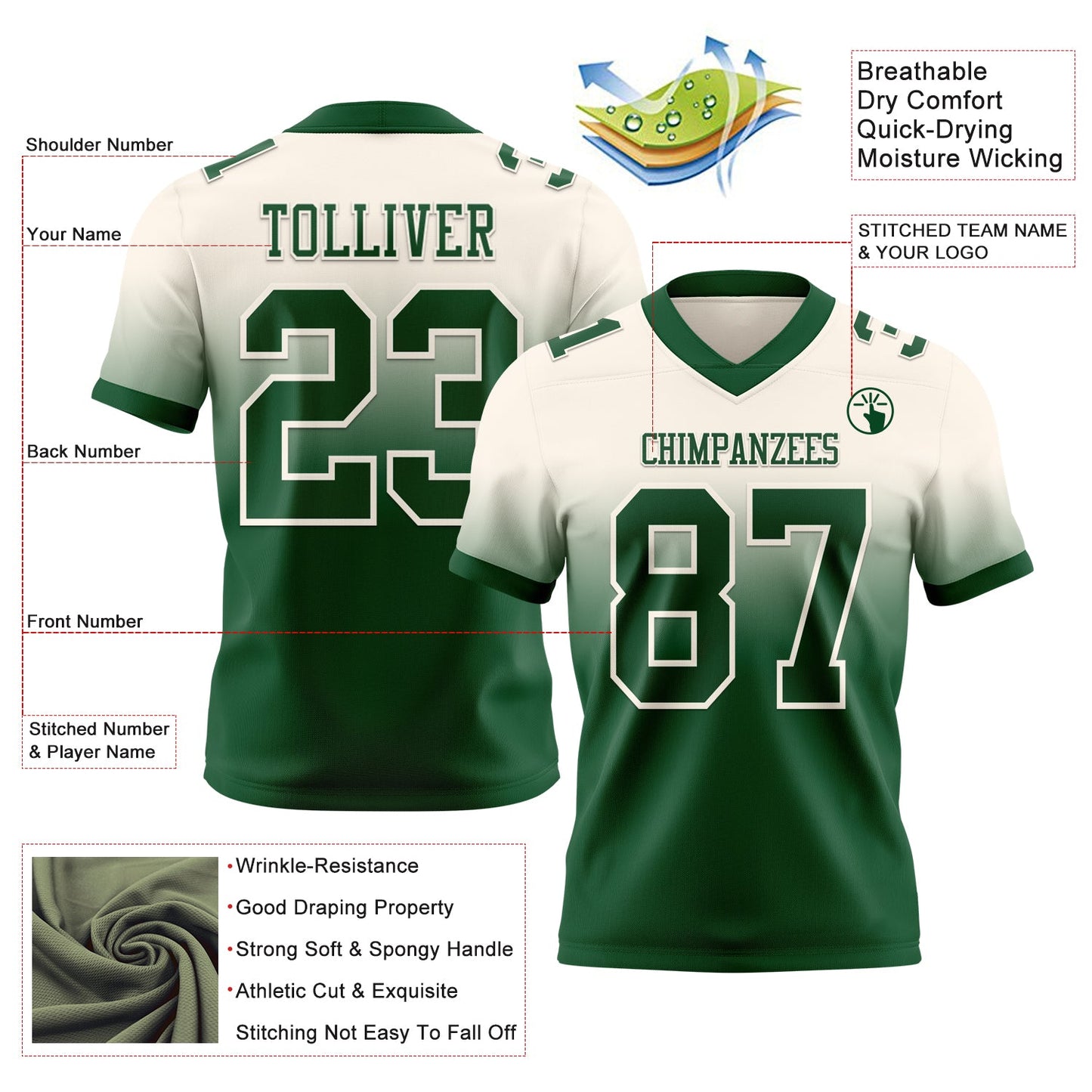 Custom Cream Green Authentic Fade Fashion Football Jersey view 2