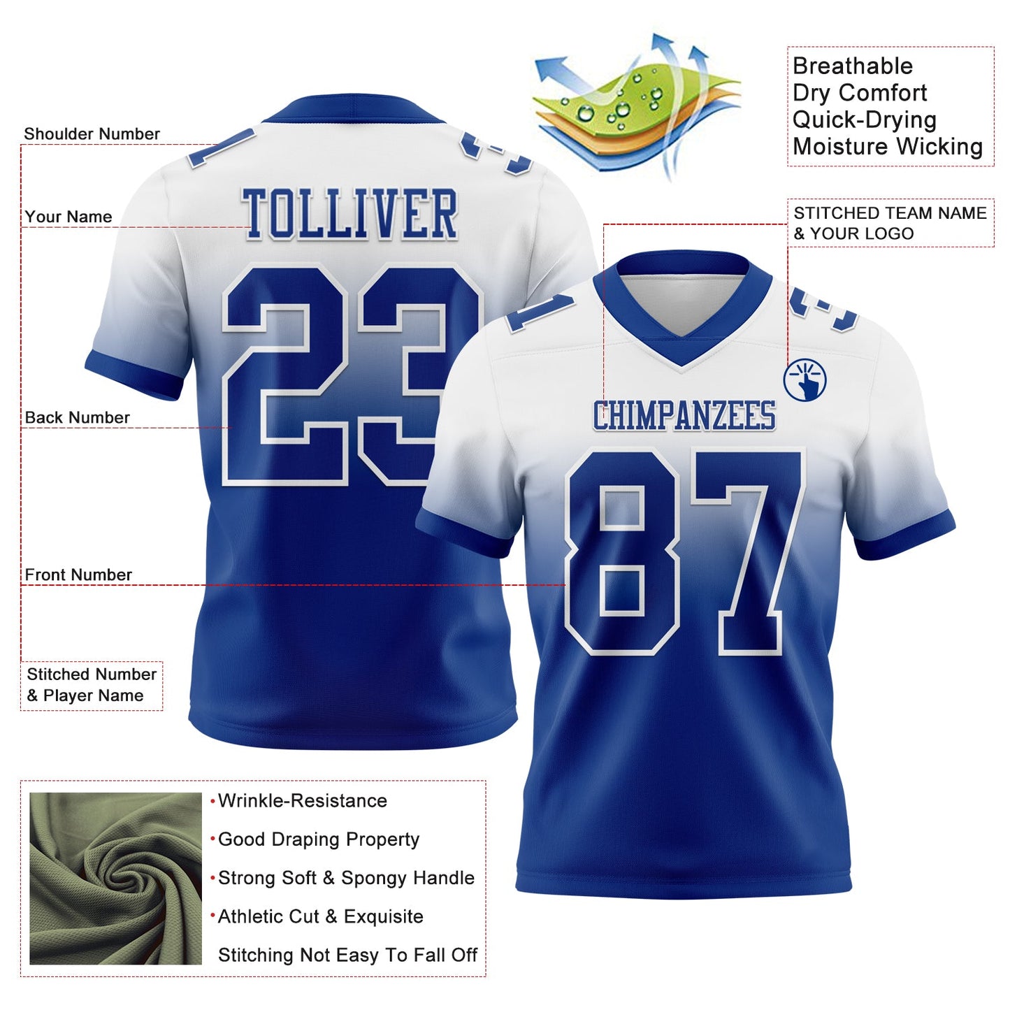 Custom White Royal Authentic Fade Fashion Football Jersey view 2