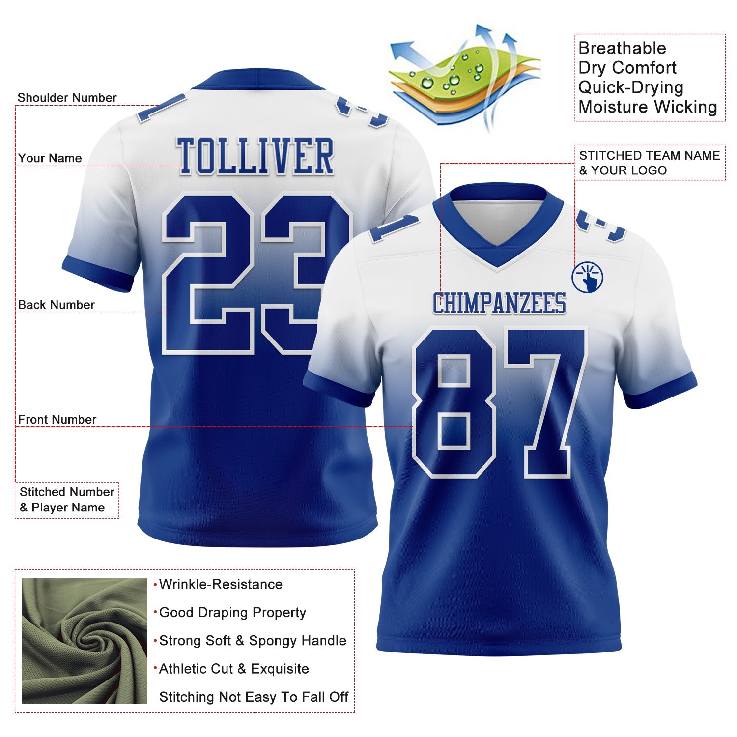 Custom White Royal Authentic Fade Fashion Football Jersey view 2