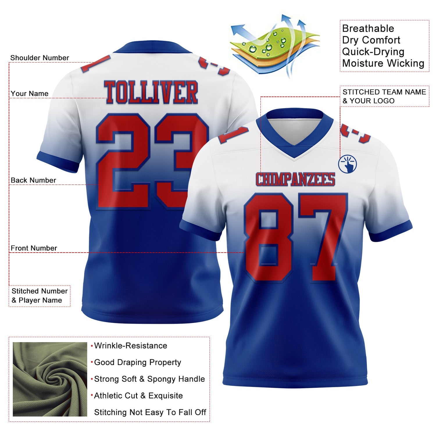 Custom White Red-Royal Authentic Fade Fashion Football Jersey view 2