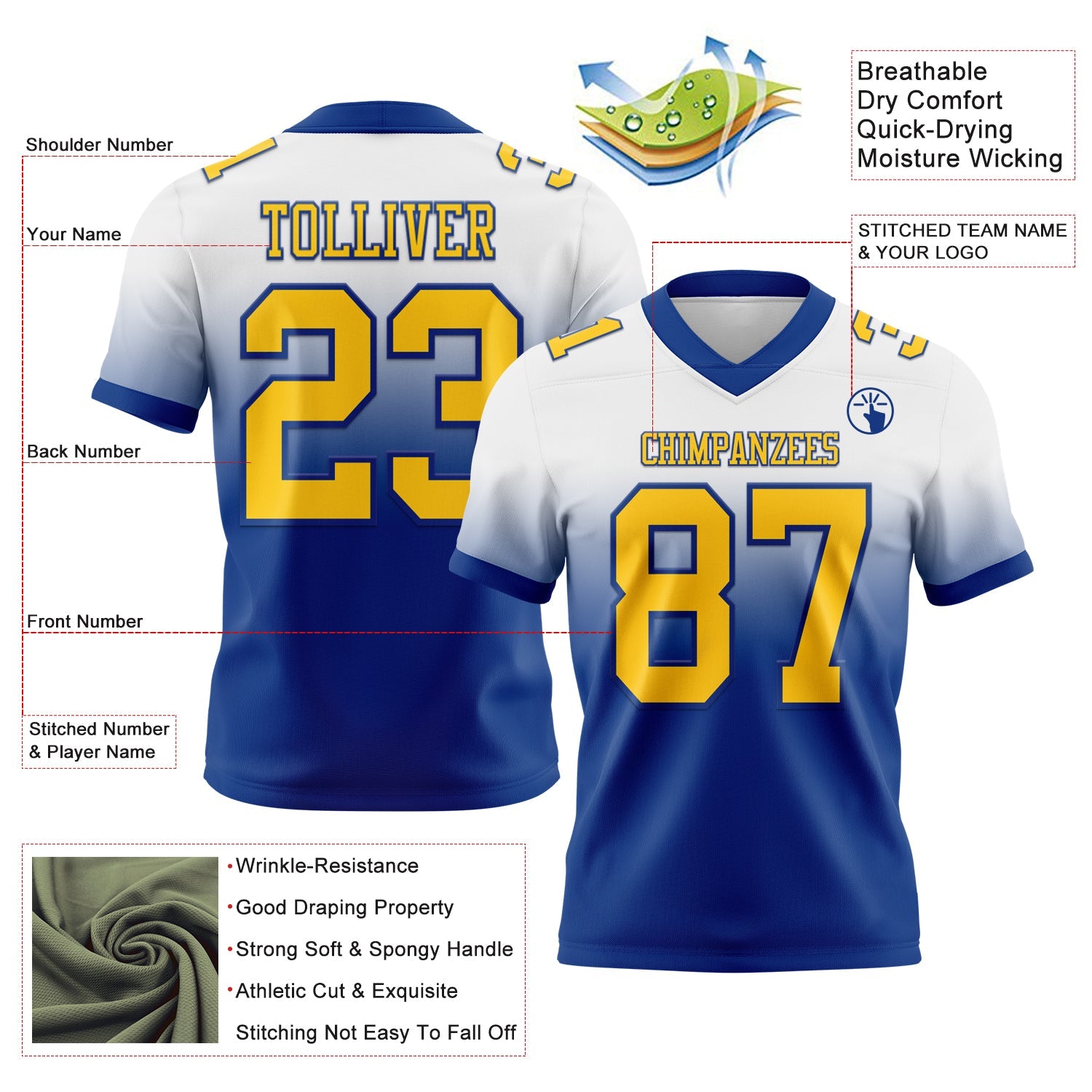 Custom White Yellow-Royal Authentic Fade Fashion Football Jersey view 2