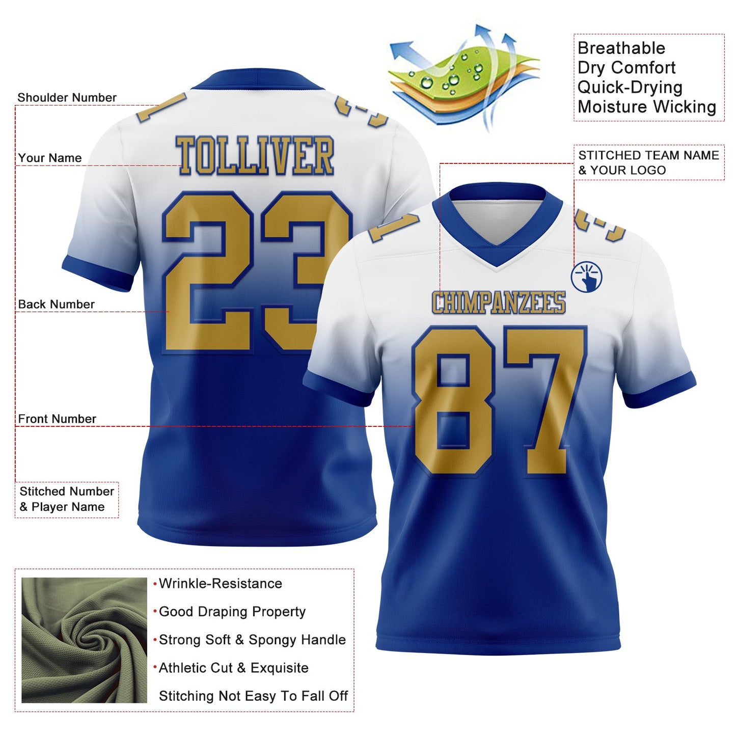 Custom White Old Gold-Royal Authentic Fade Fashion Football Jersey view 2