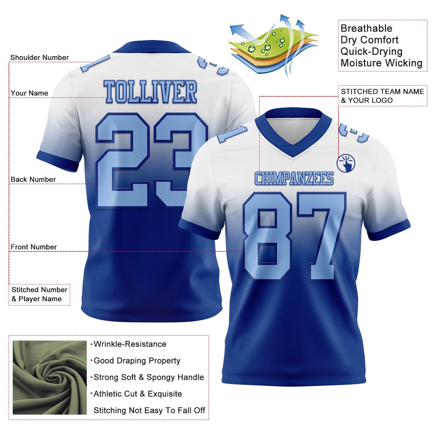 Custom White Light Blue-Royal Authentic Fade Fashion Football Jersey view 2