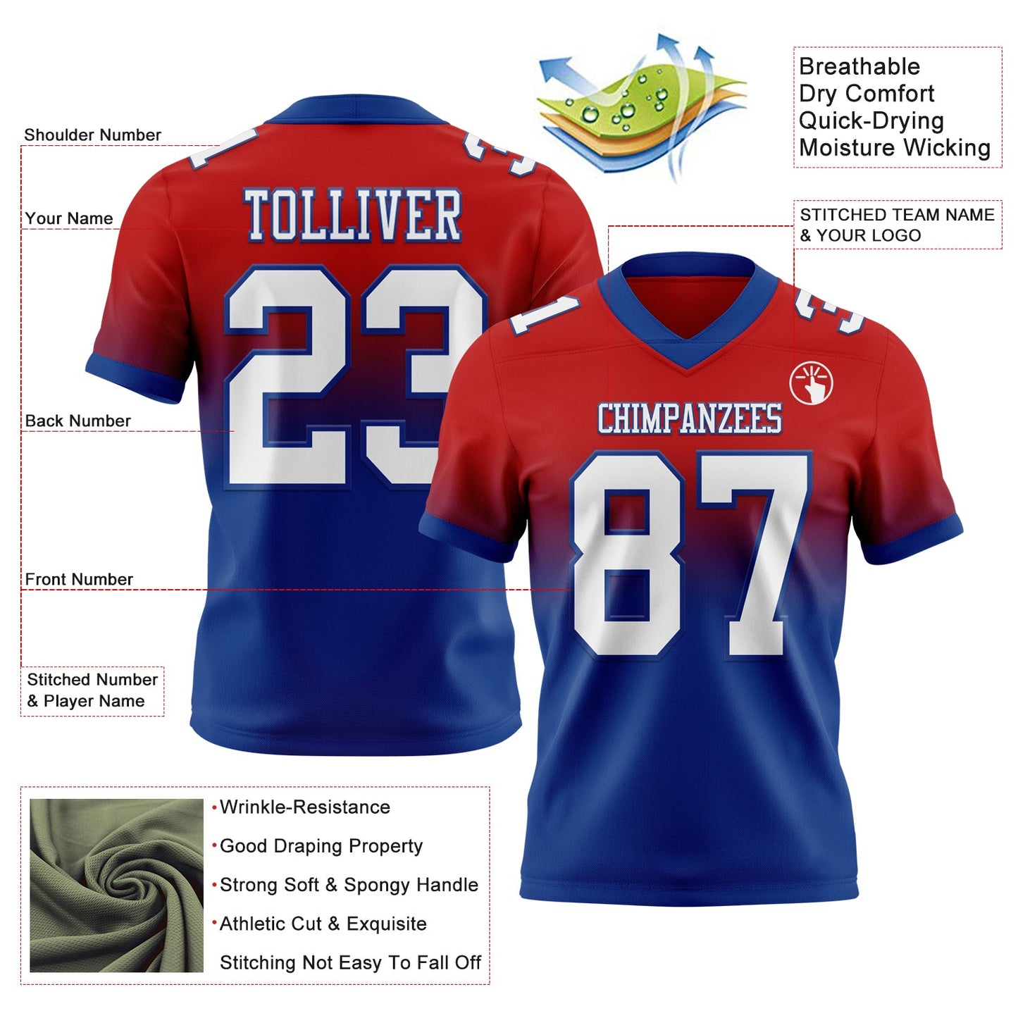 Custom Red White-Royal Authentic Fade Fashion Football Jersey view 2