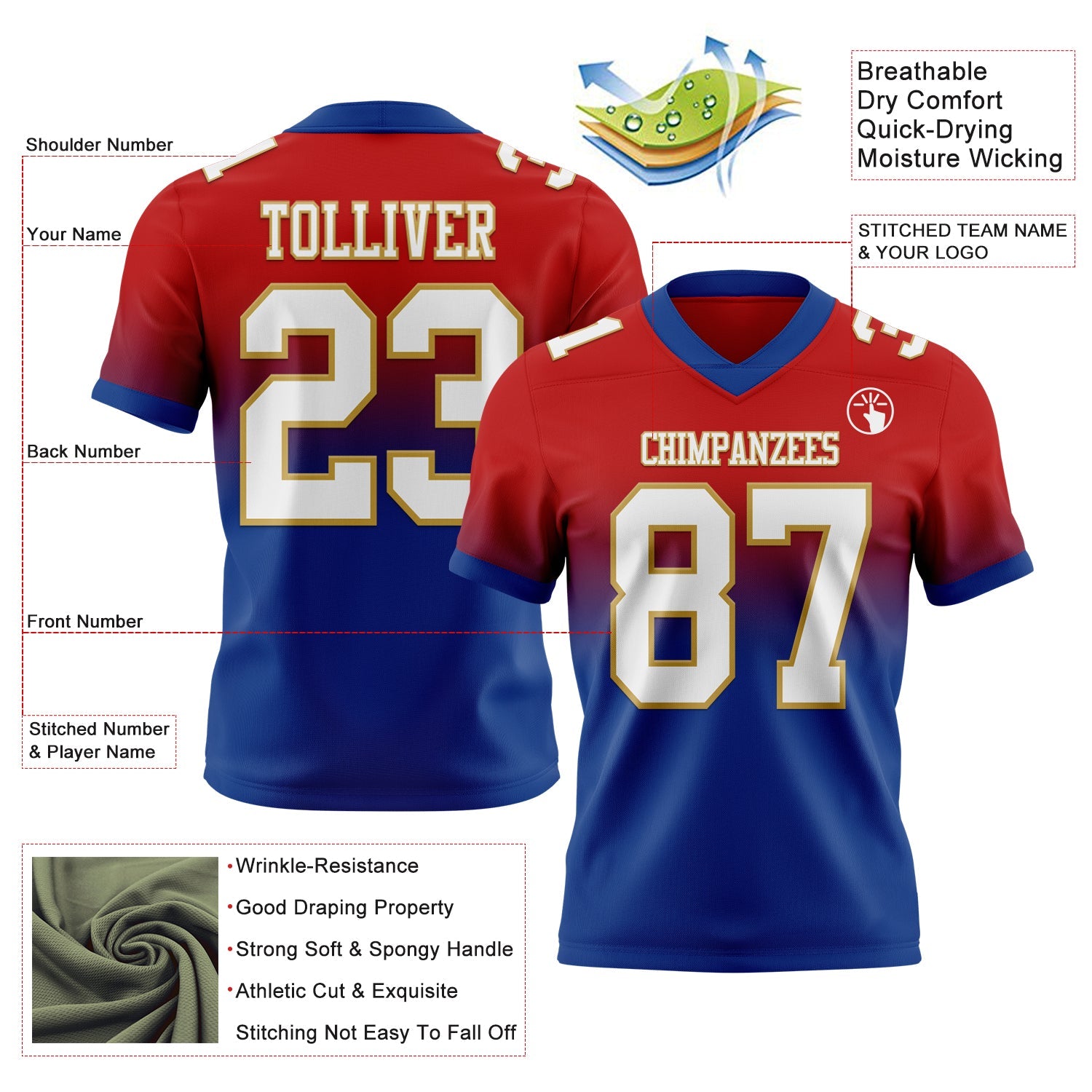 Custom Red White Royal-Old Gold Authentic Fade Fashion Football Jersey view 2