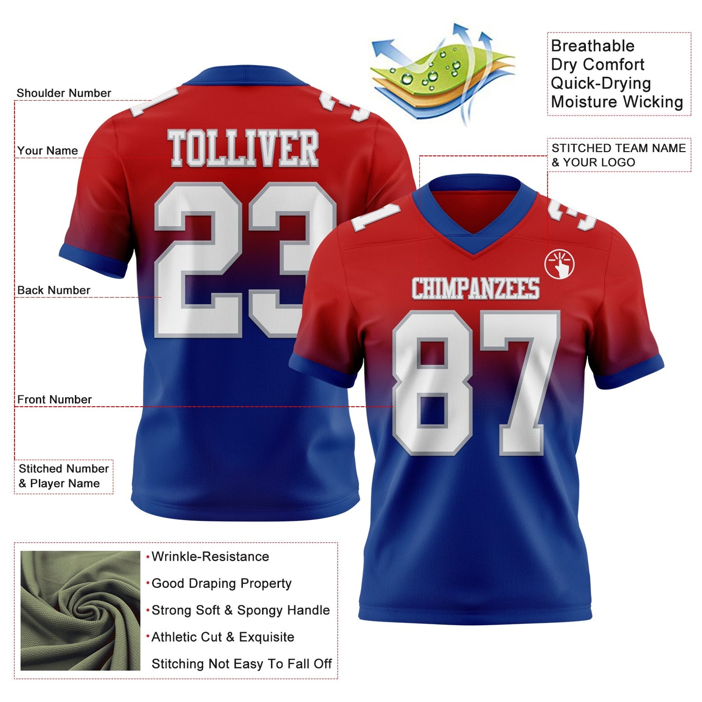 Custom Red White Royal-Gray Authentic Fade Fashion Football Jersey view 2
