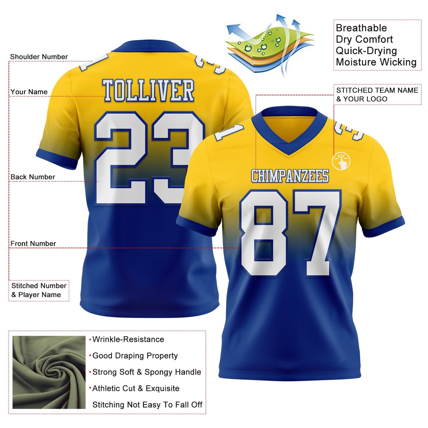 Custom Yellow White-Royal Authentic Fade Fashion Football Jersey view 2