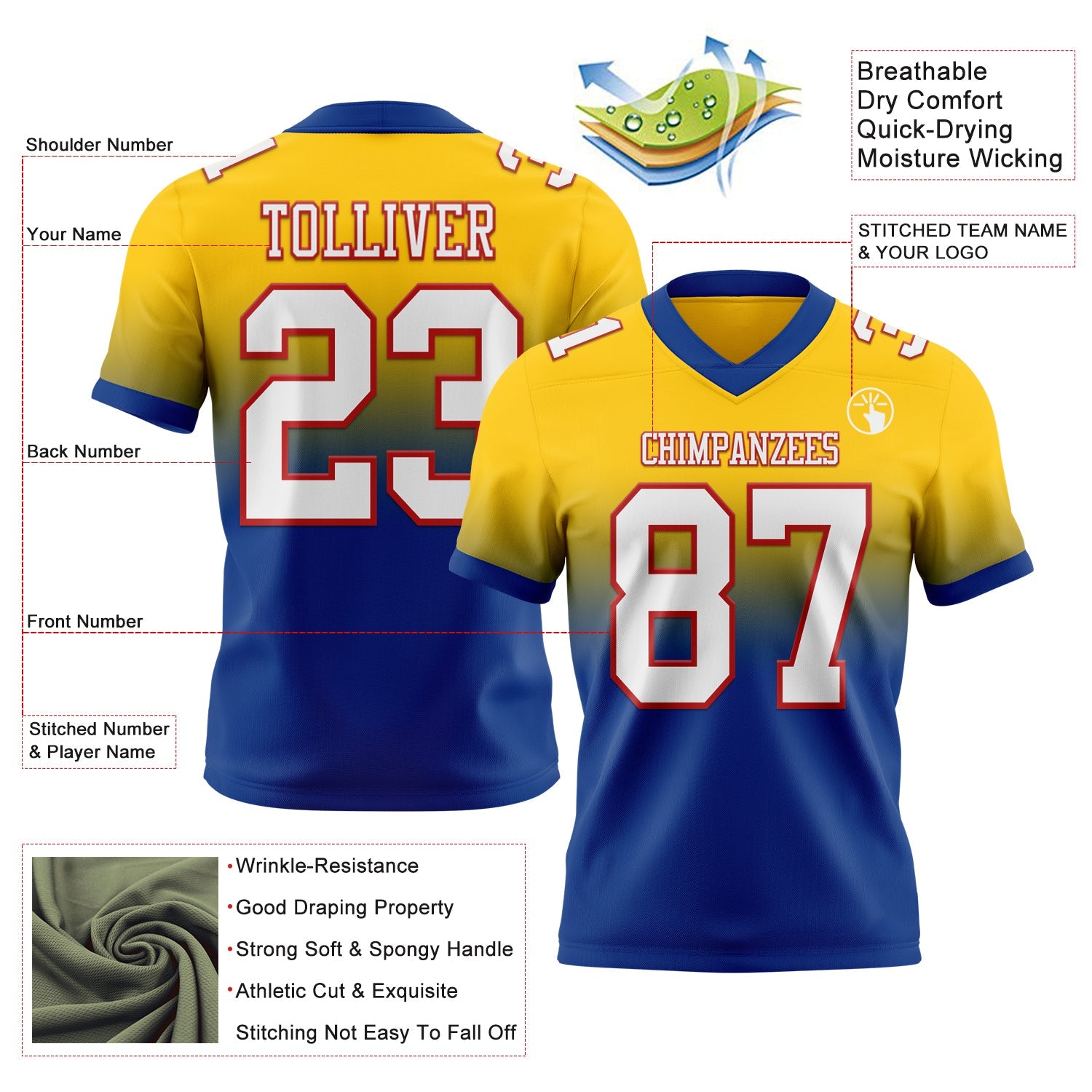 Custom Yellow White Royal-Red Authentic Fade Fashion Football Jersey view 2