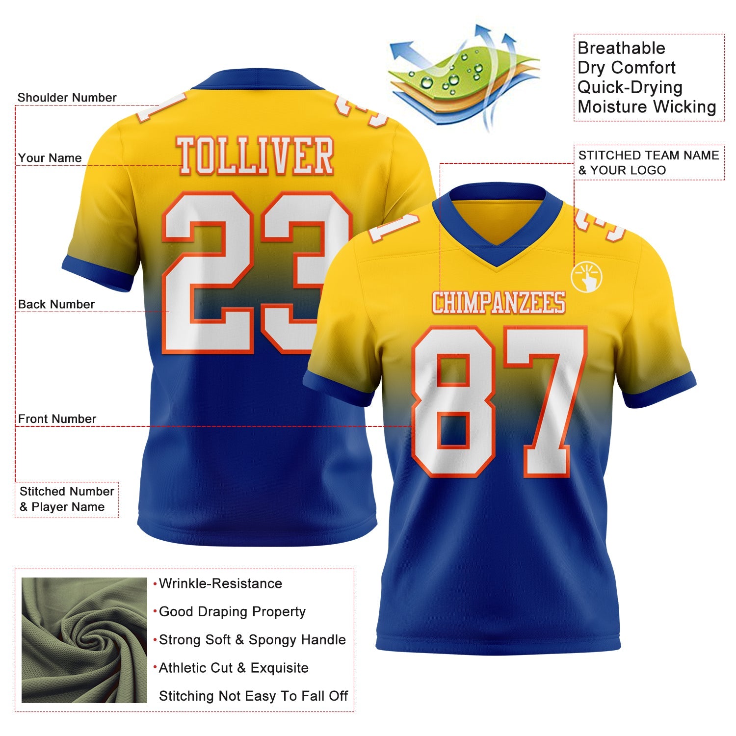 Custom Yellow White Royal-Orange Authentic Fade Fashion Football Jersey view 2