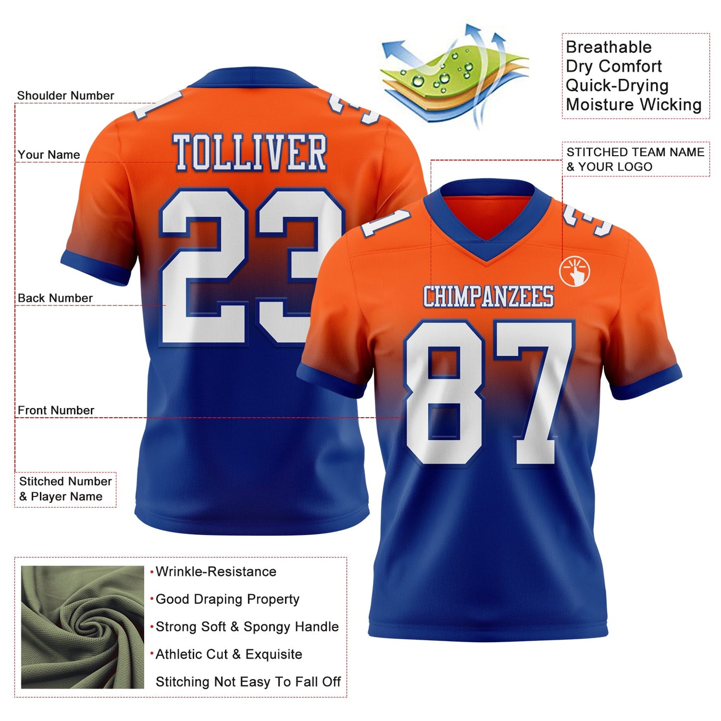 Custom Orange White-Royal Authentic Fade Fashion Football Jersey view 2