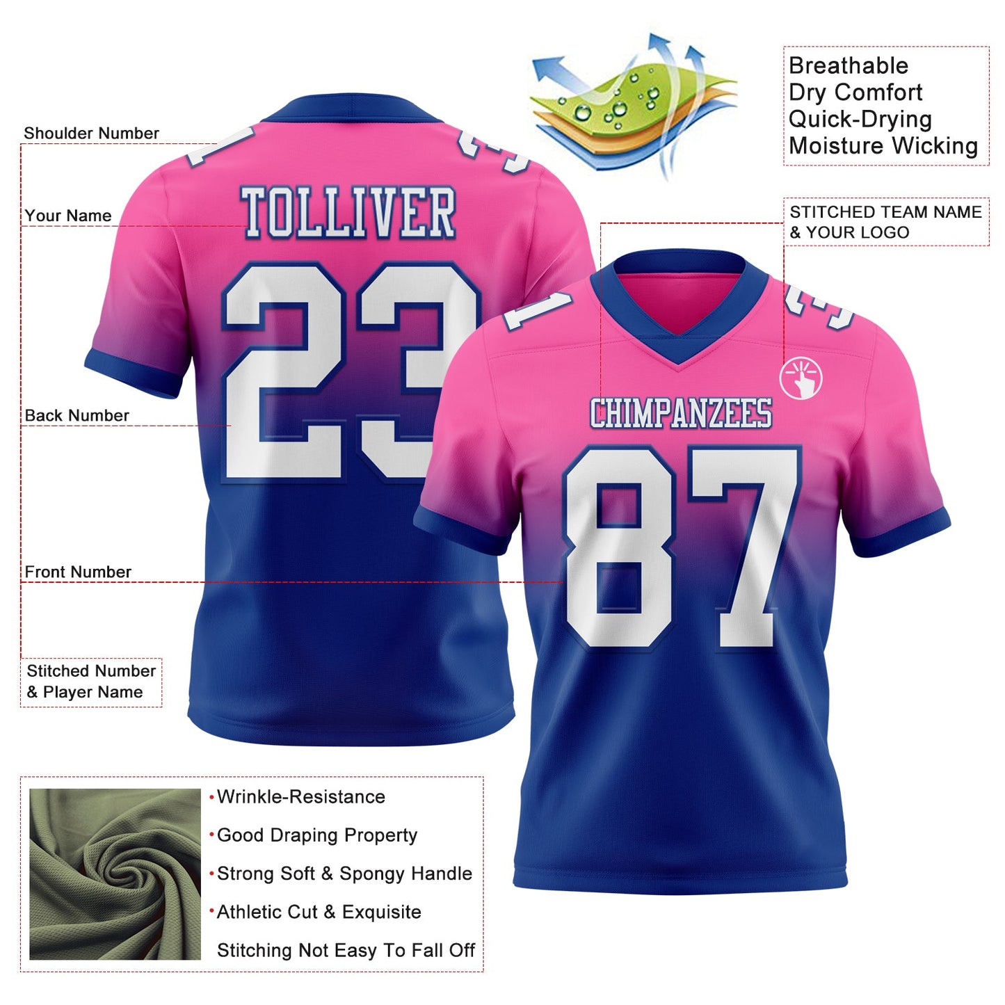 Custom Pink White-Royal Authentic Fade Fashion Football Jersey view 2