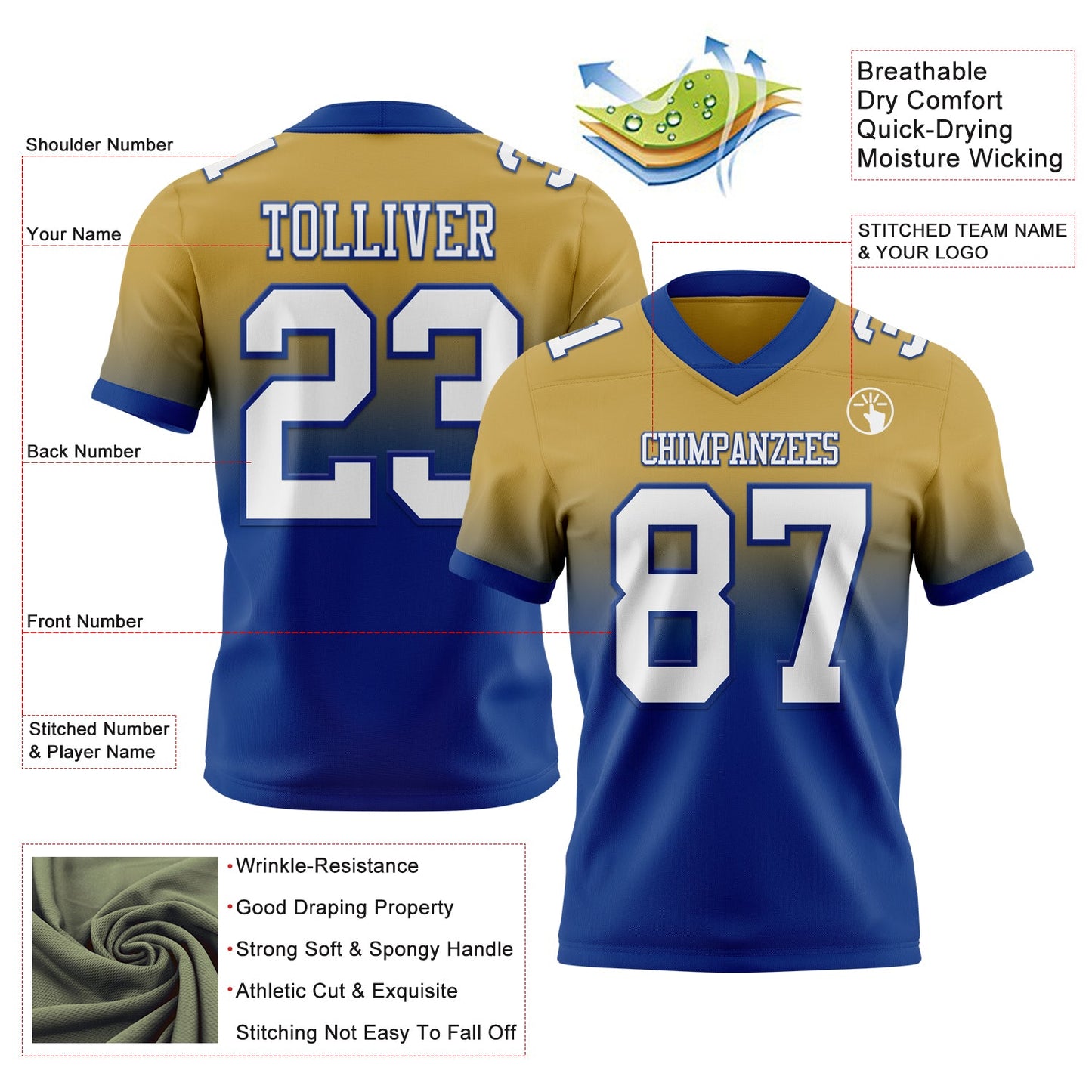 Custom Old Gold White-Royal Authentic Fade Fashion Football Jersey view 2