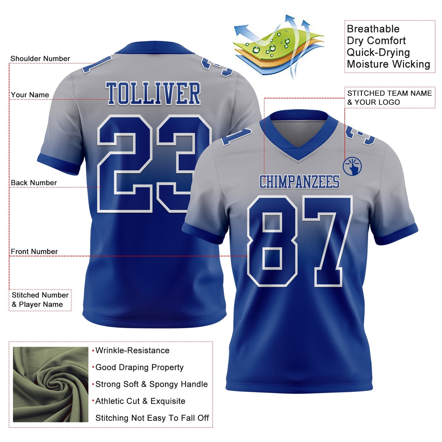 Custom Gray Royal-White Authentic Fade Fashion Football Jersey view 2