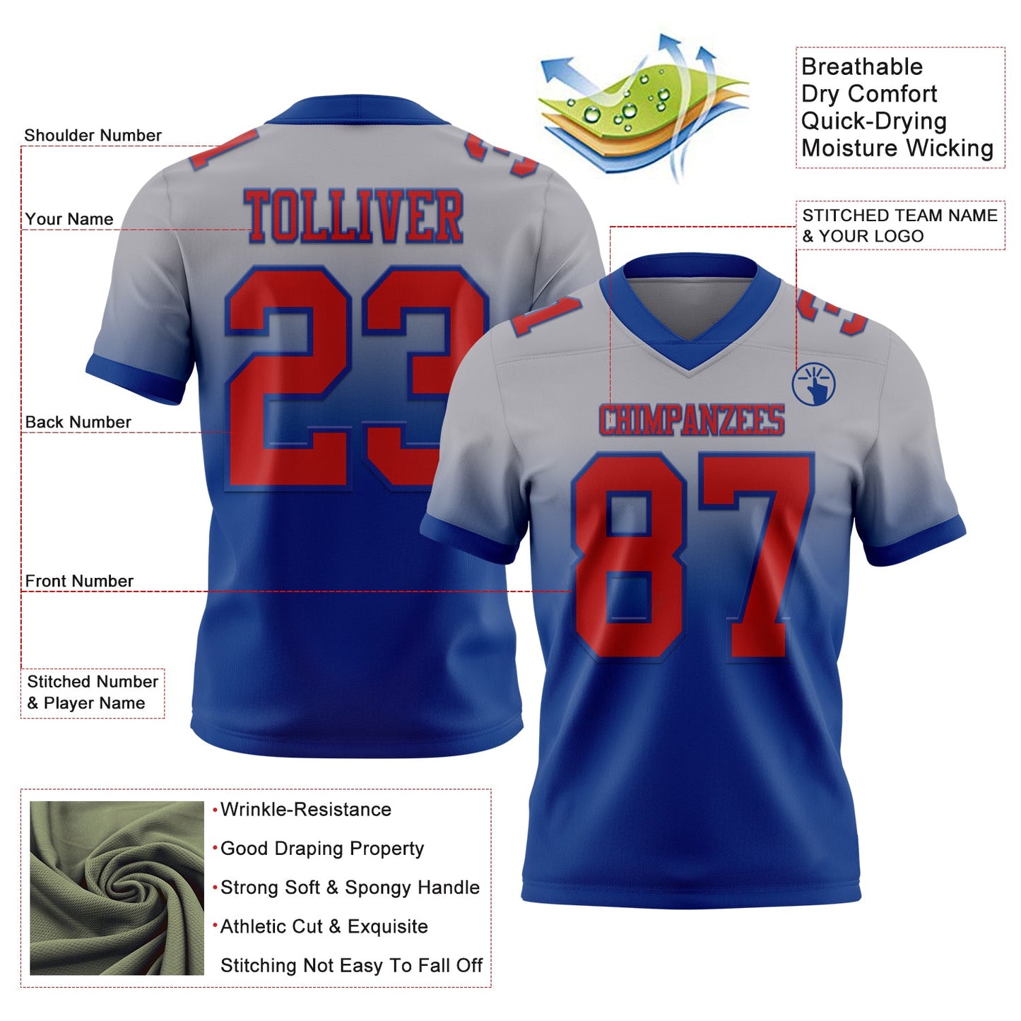 Custom Gray Red-Royal Authentic Fade Fashion Football Jersey view 2