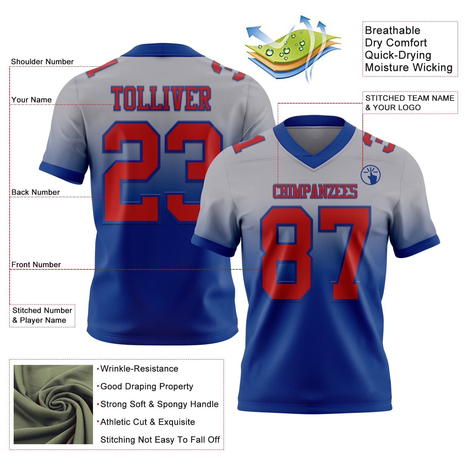 Custom Gray Red-Royal Authentic Fade Fashion Football Jersey view 2