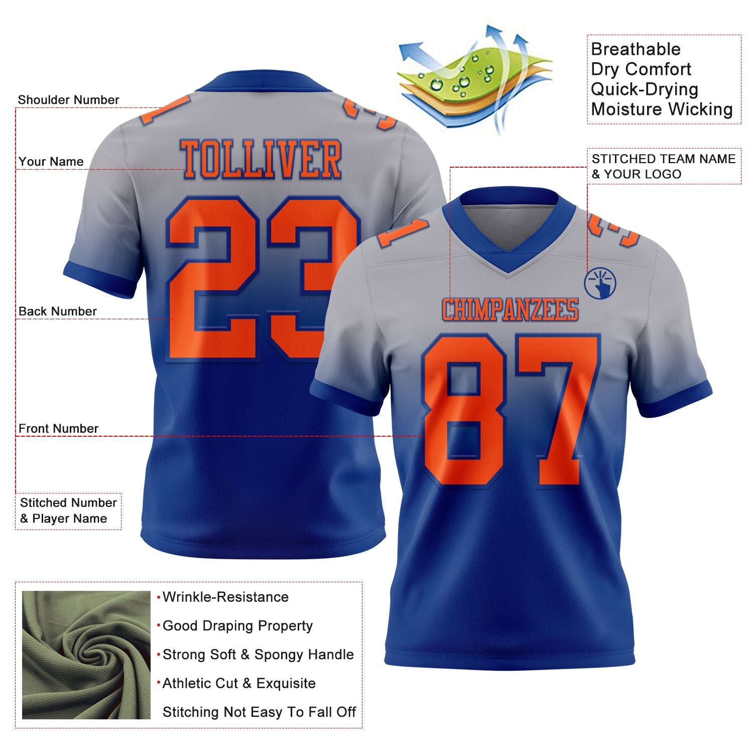 Custom Gray Orange-Royal Authentic Fade Fashion Football Jersey view 2