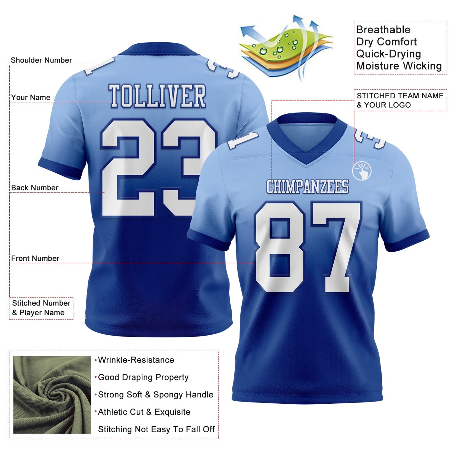 Custom Light Blue White-Royal Authentic Fade Fashion Football Jersey view 2