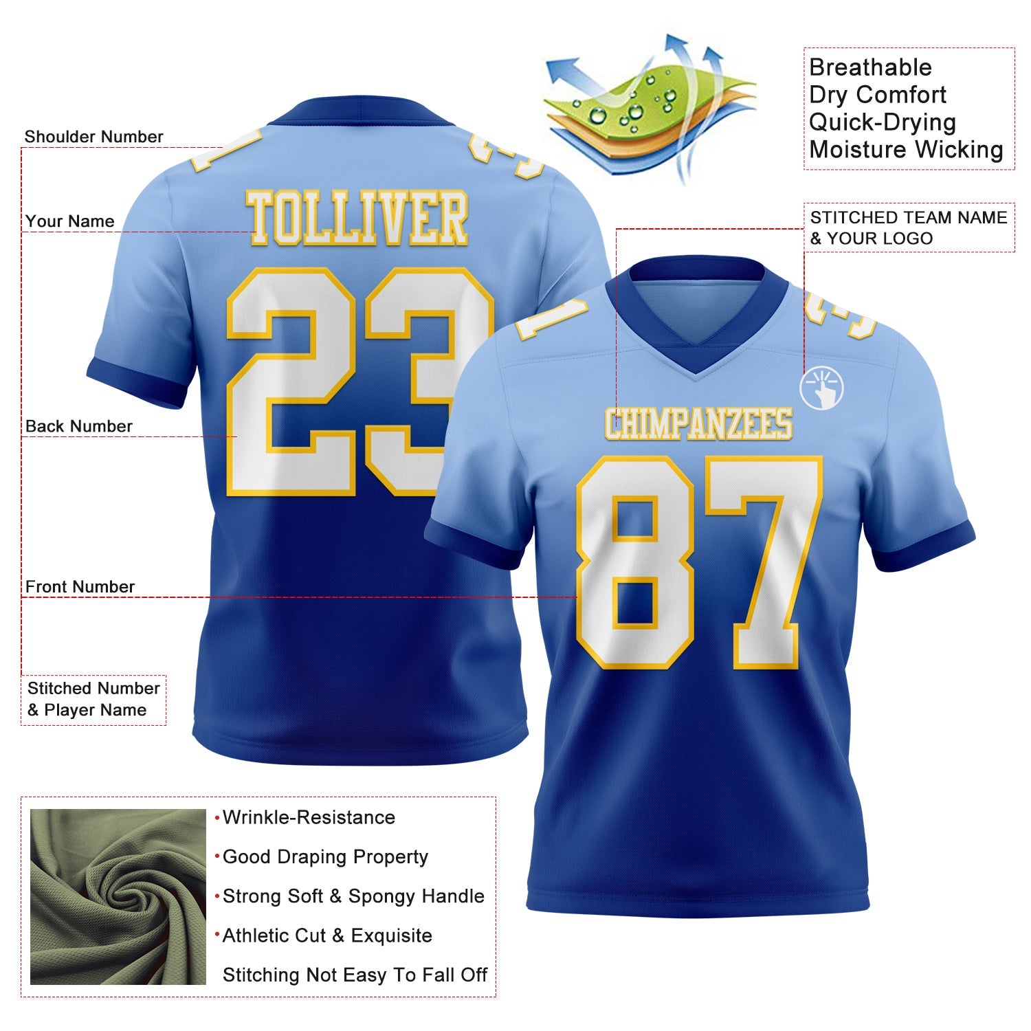 Custom Light Blue White Royal-Yellow Authentic Fade Fashion Football Jersey view 2