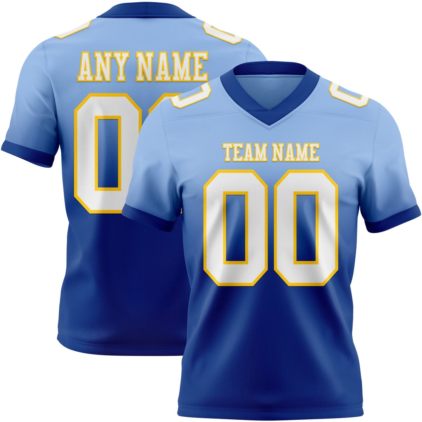 Custom Light Blue White Royal-Yellow Authentic Fade Fashion Football Jersey - Main View