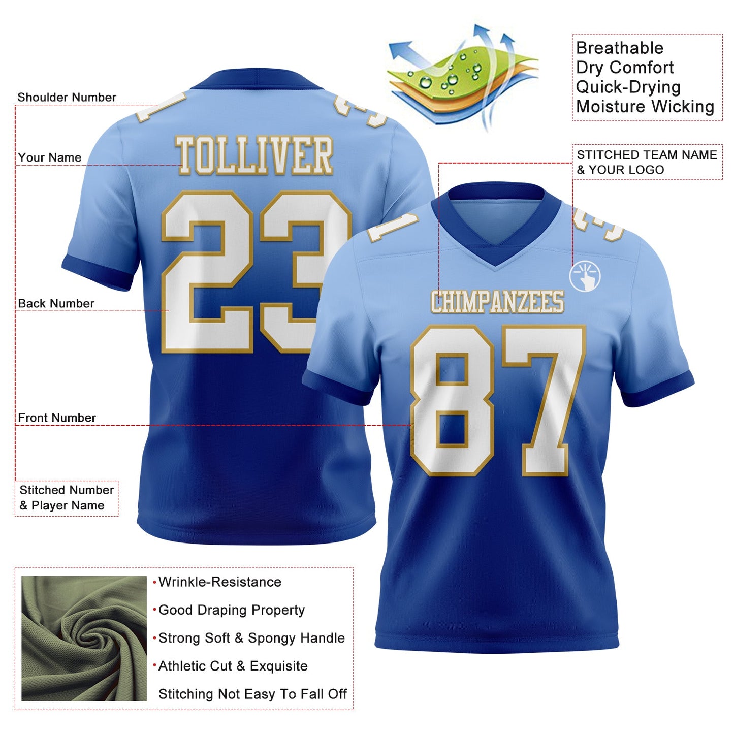 Custom Light Blue White Royal-Old Gold Authentic Fade Fashion Football Jersey view 2