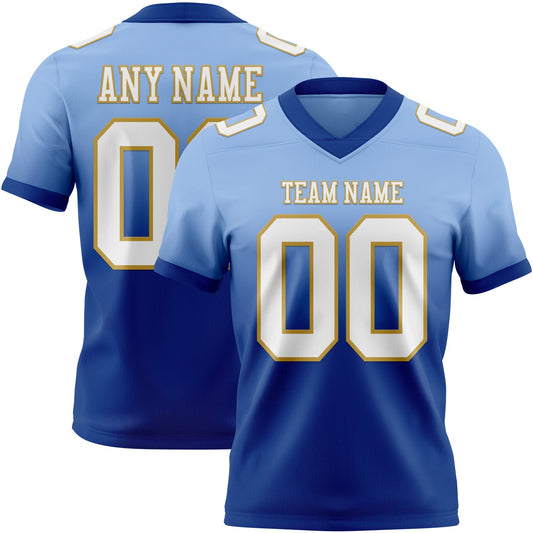 Custom Light Blue White Royal-Old Gold Authentic Fade Fashion Football Jersey - Main View