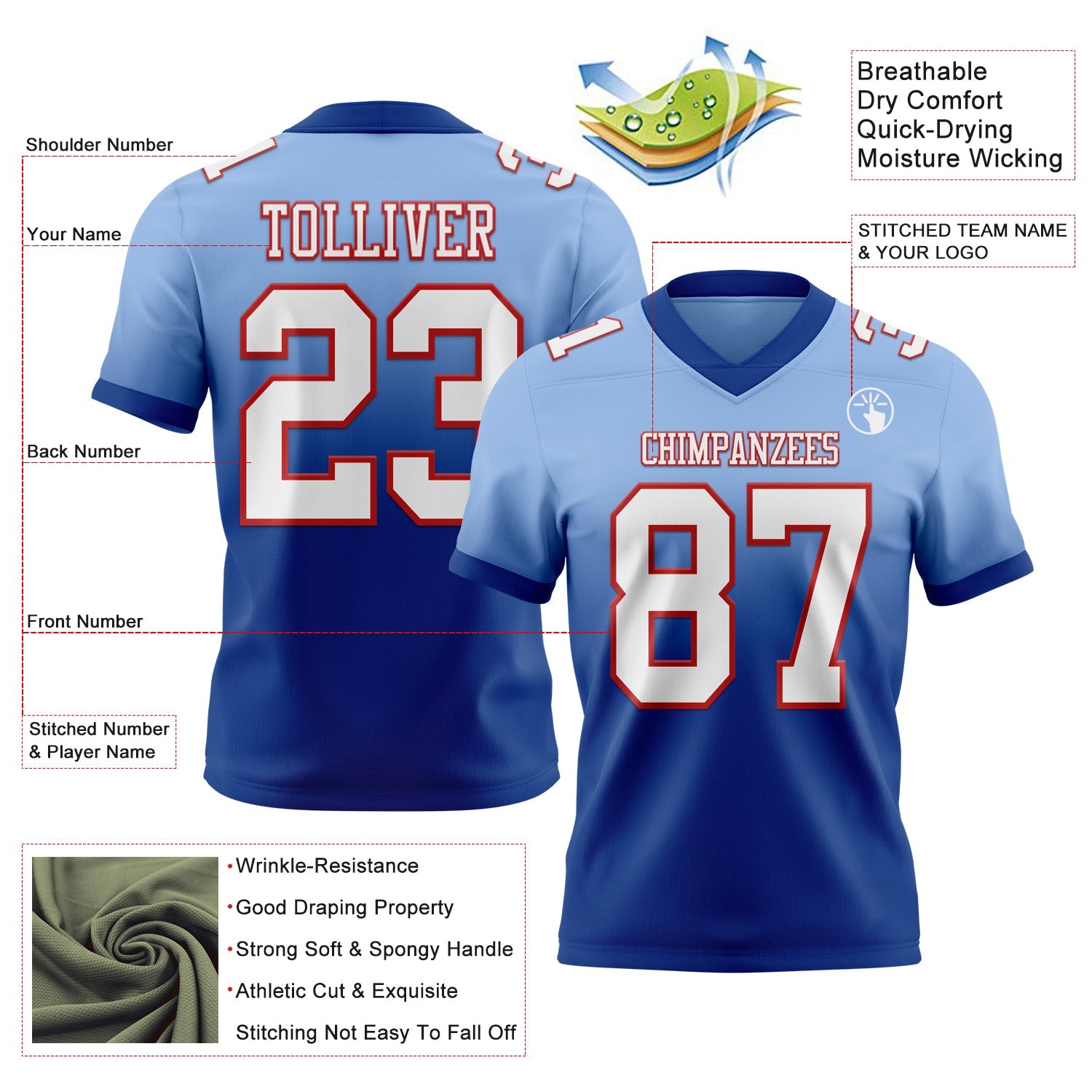 Custom Light Blue White Royal-Red Authentic Fade Fashion Football Jersey view 2