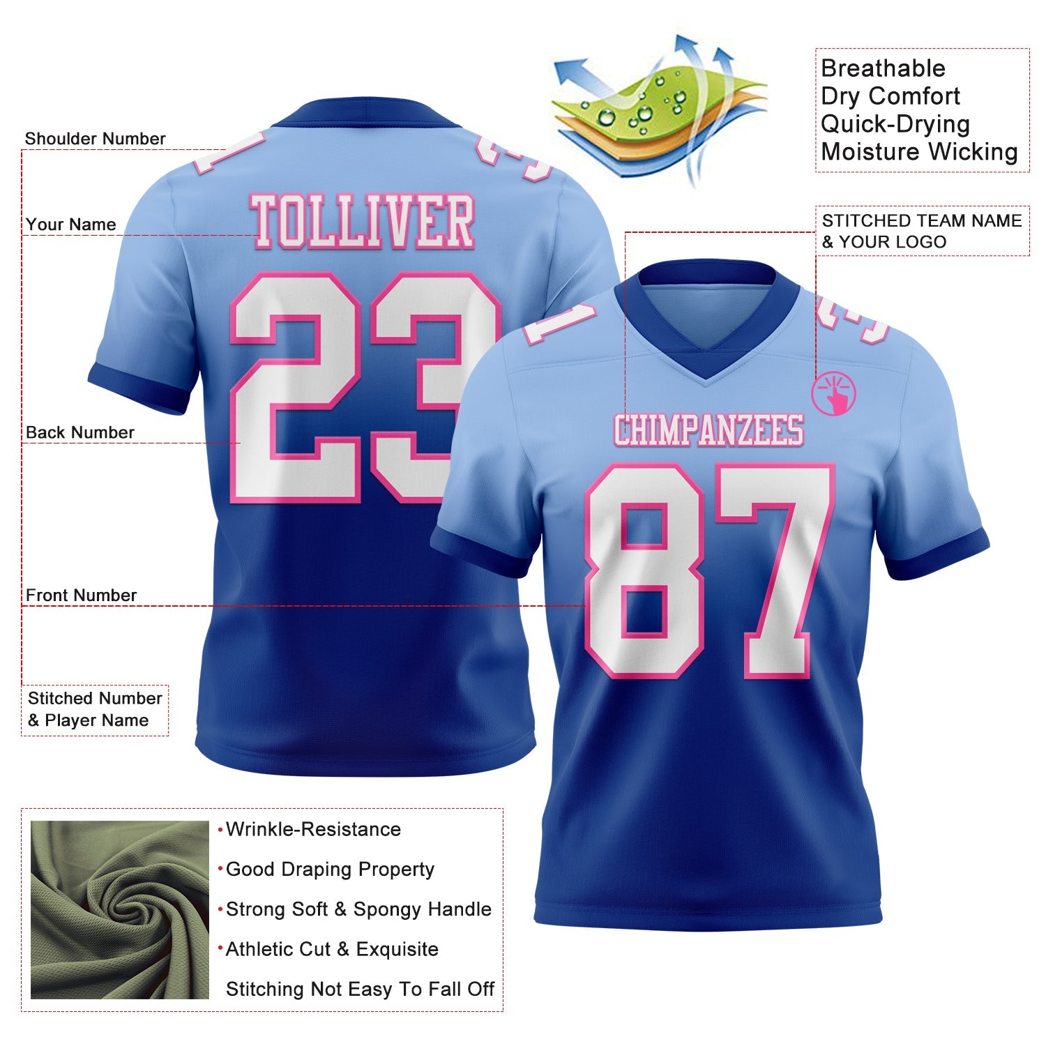 Custom Light Blue White Royal-Pink Authentic Fade Fashion Football Jersey view 2