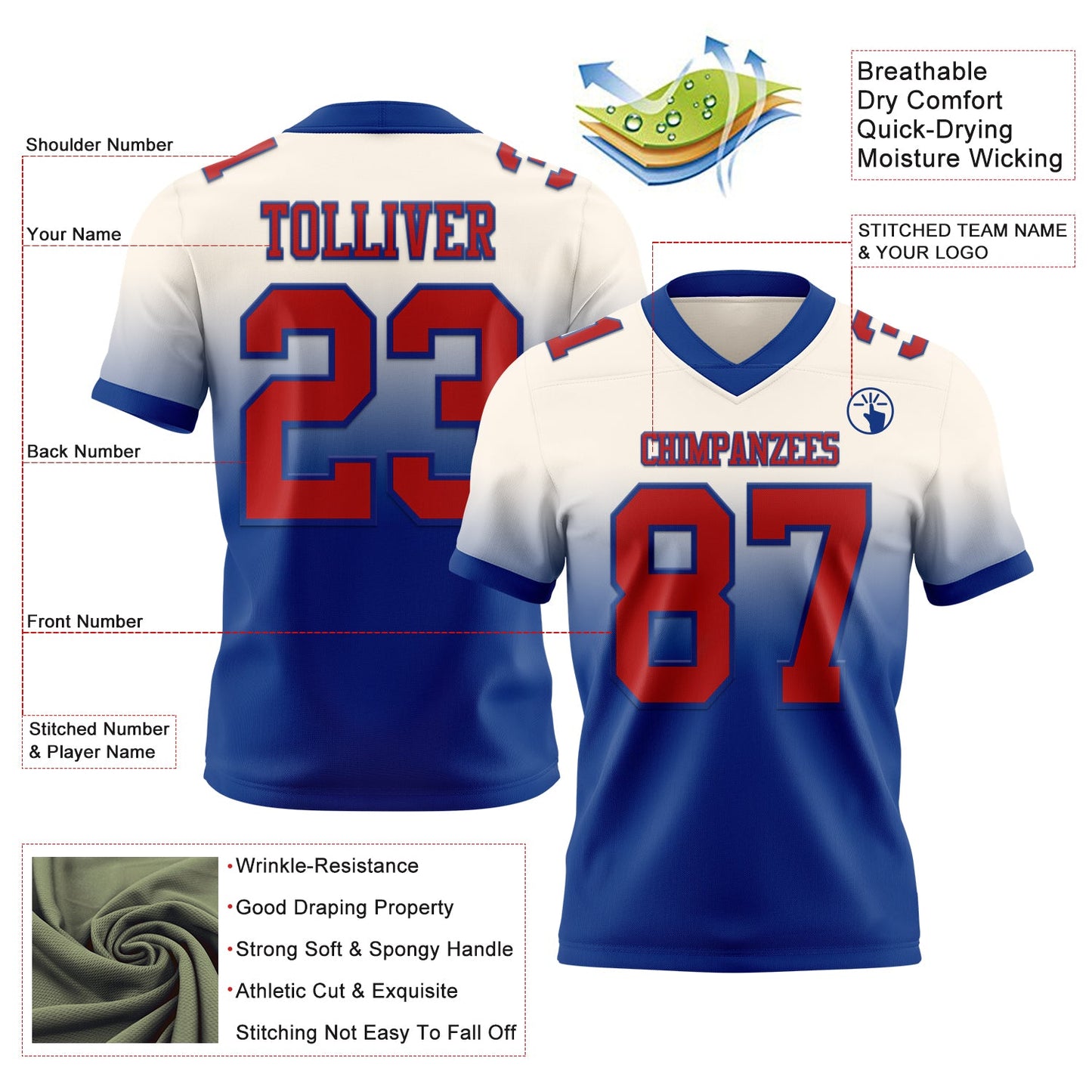 Custom Cream Red-Royal Authentic Fade Fashion Football Jersey view 2