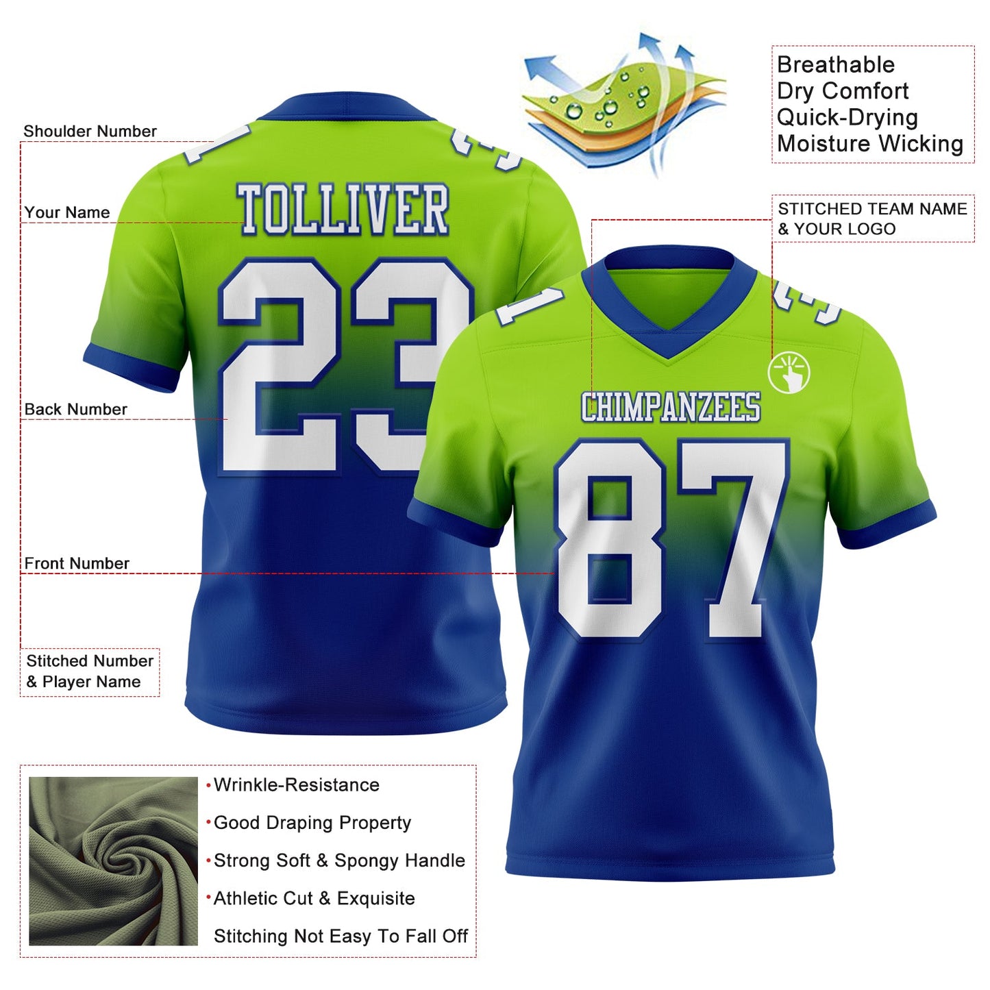 Custom Neon Green White-Royal Authentic Fade Fashion Football Jersey view 2