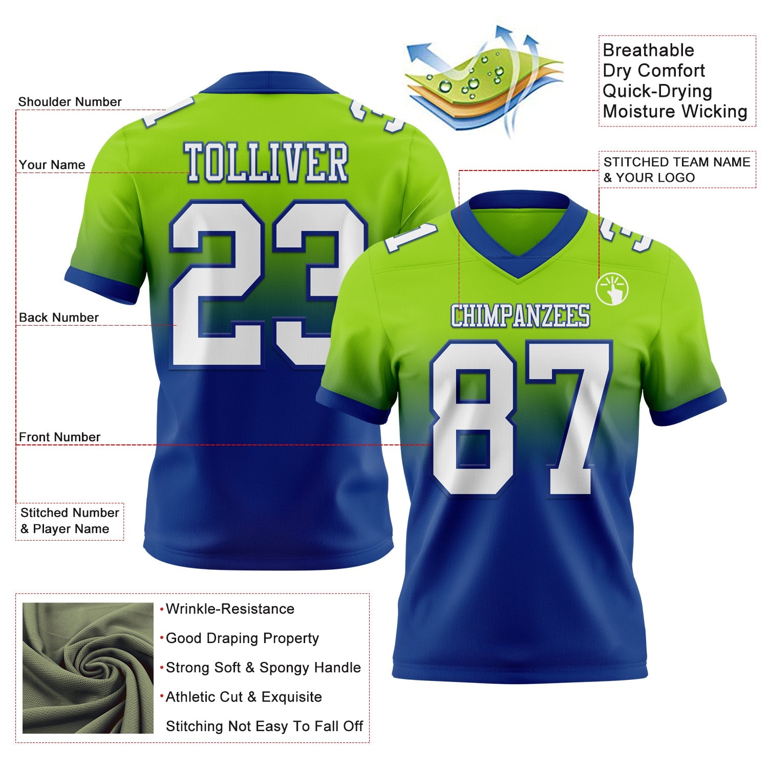 Custom Neon Green White-Royal Authentic Fade Fashion Football Jersey view 2