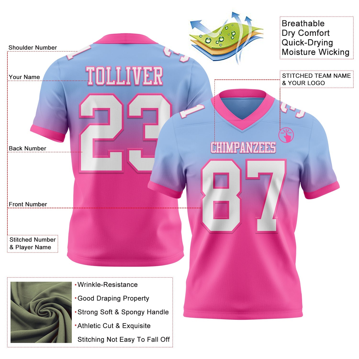 Custom Light Blue White-Pink Authentic Fade Fashion Football Jersey view 2