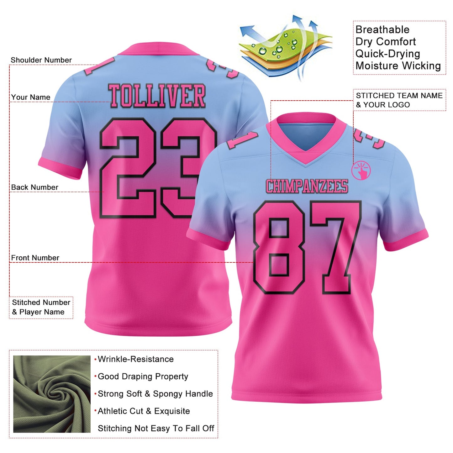 Custom Light Blue Pink-Black Authentic Fade Fashion Football Jersey view 2