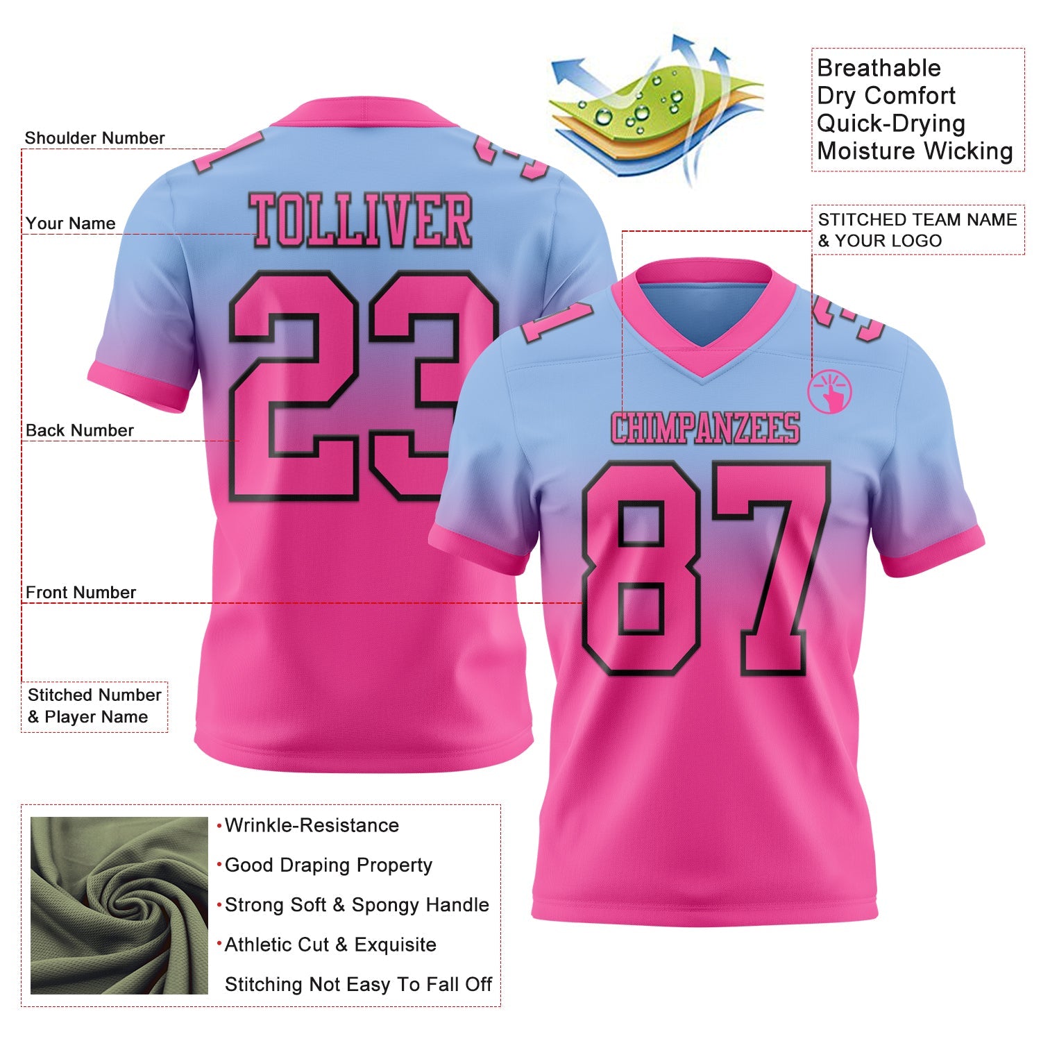 Custom Light Blue Pink-Black Authentic Fade Fashion Football Jersey view 2