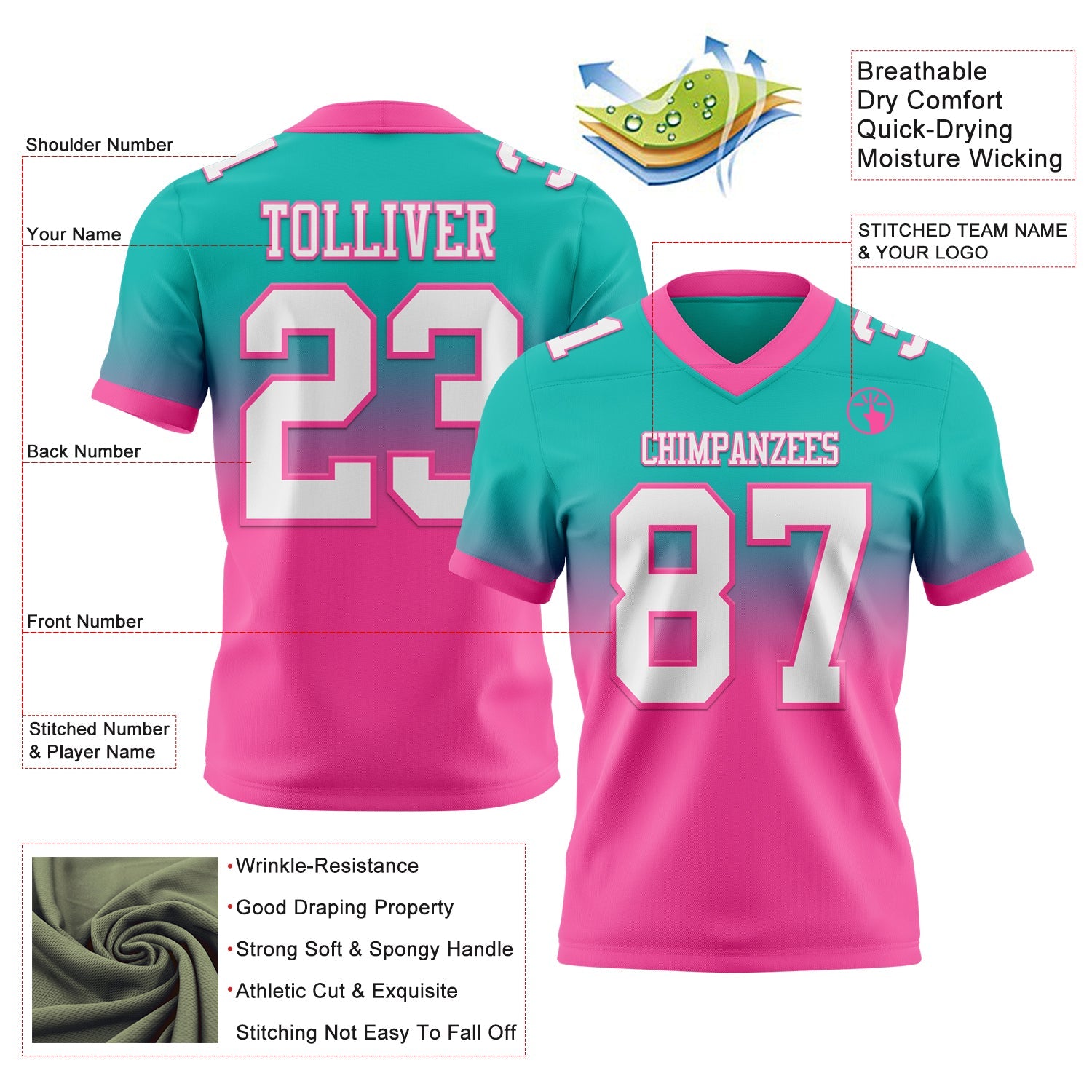 Custom Aqua White-Pink Authentic Fade Fashion Football Jersey view 2