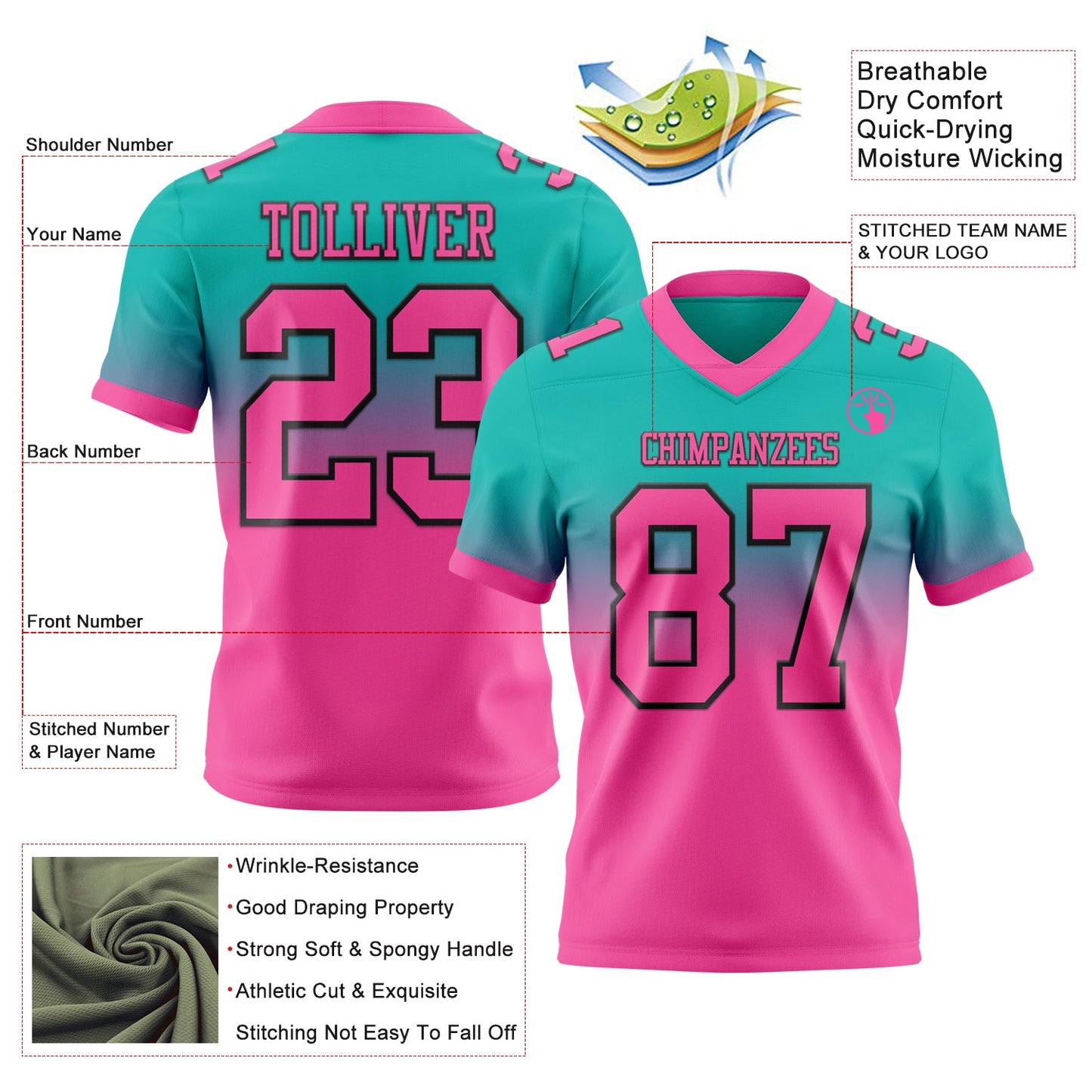 Custom Aqua Pink-Black Authentic Fade Fashion Football Jersey view 2