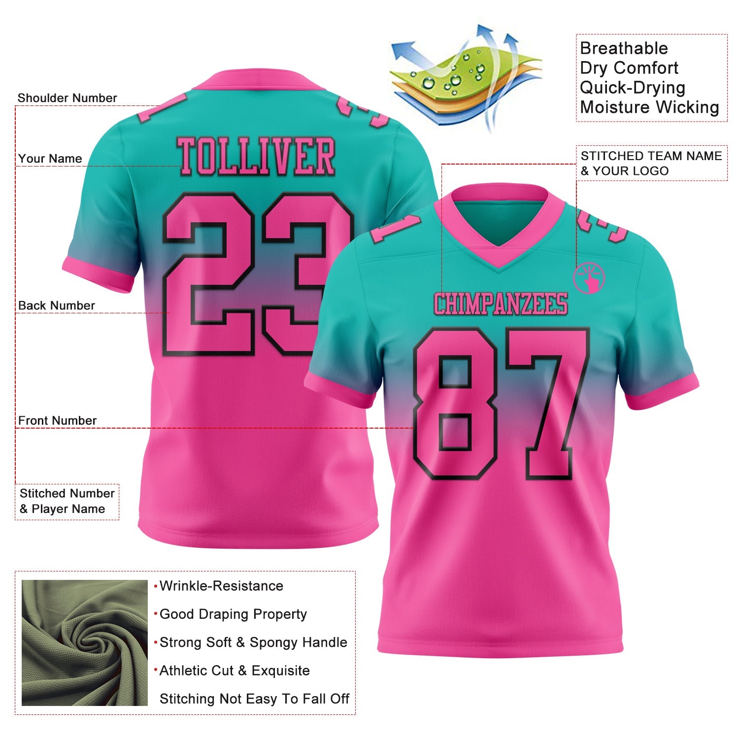 Custom Aqua Pink-Black Authentic Fade Fashion Football Jersey view 2