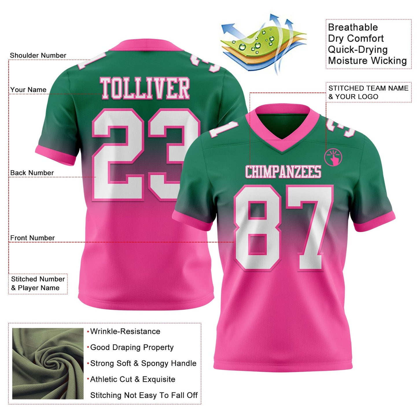 Custom Kelly Green White-Pink Authentic Fade Fashion Football Jersey view 2