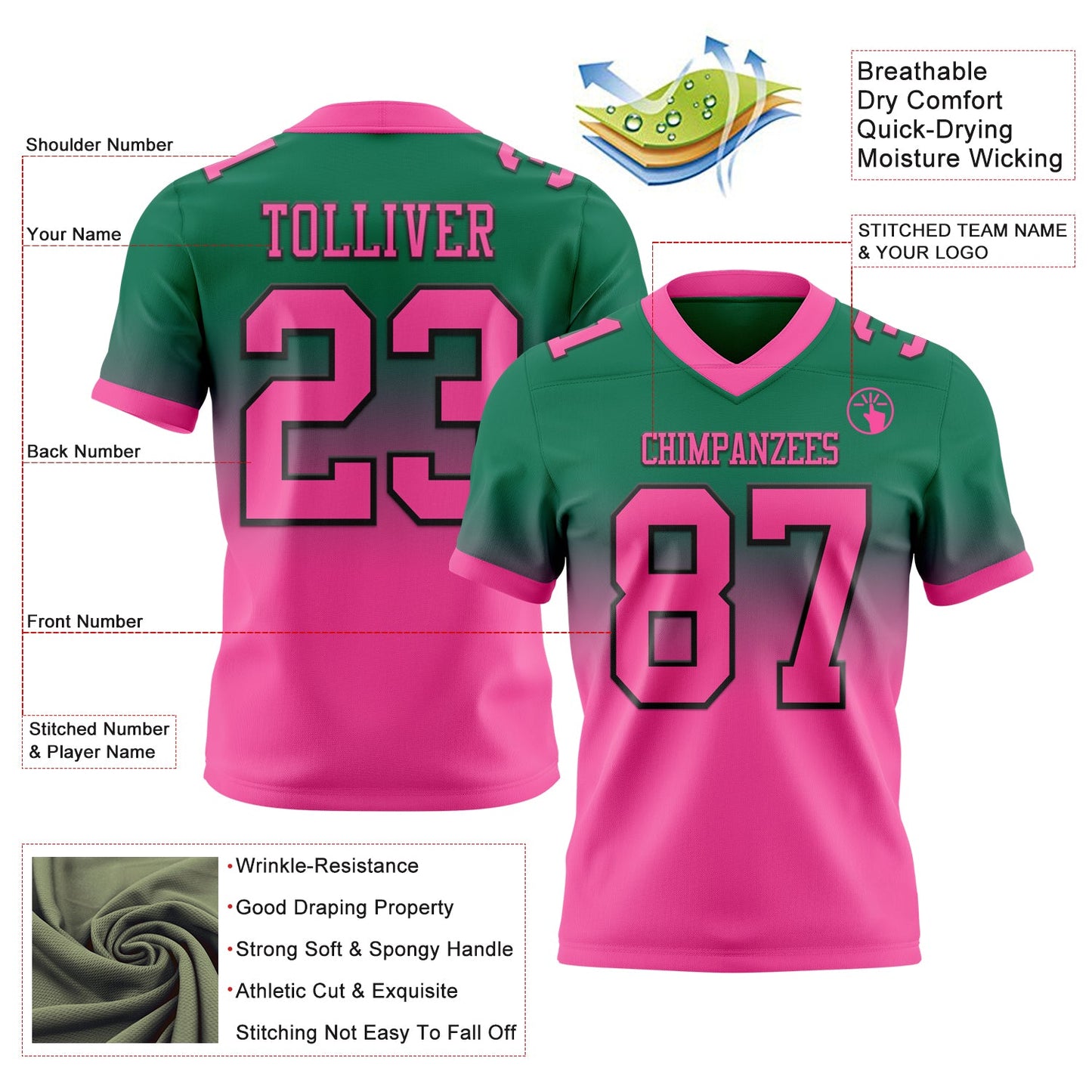 Custom Kelly Green Pink-Black Authentic Fade Fashion Football Jersey view 2