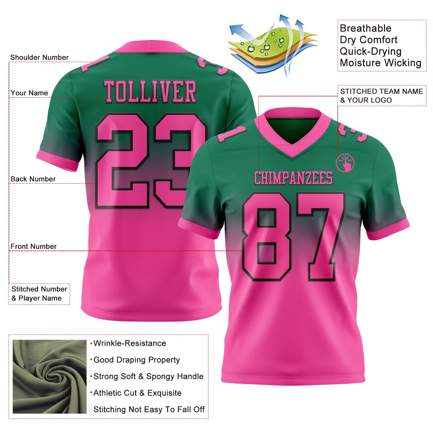 Custom Kelly Green Pink-Black Authentic Fade Fashion Football Jersey view 2