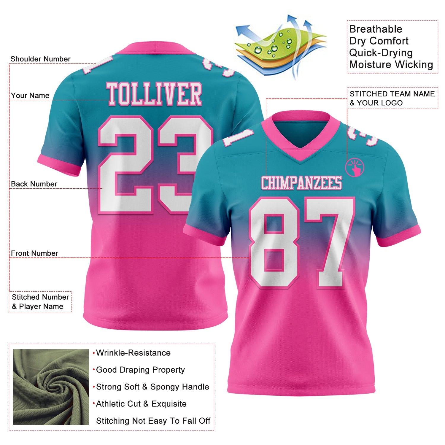 Custom Teal White-Pink Authentic Fade Fashion Football Jersey view 2