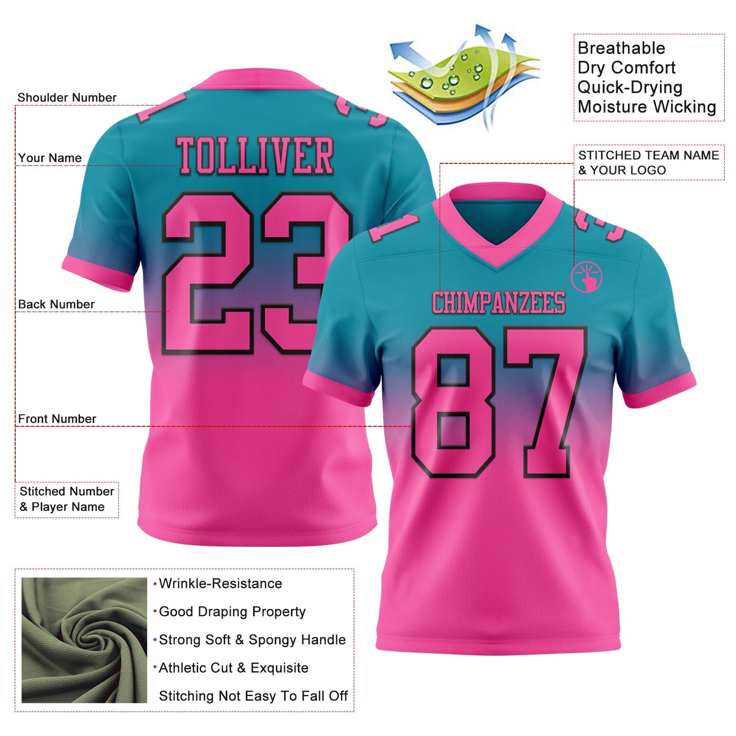 Custom Teal Pink-Black Authentic Fade Fashion Football Jersey view 2