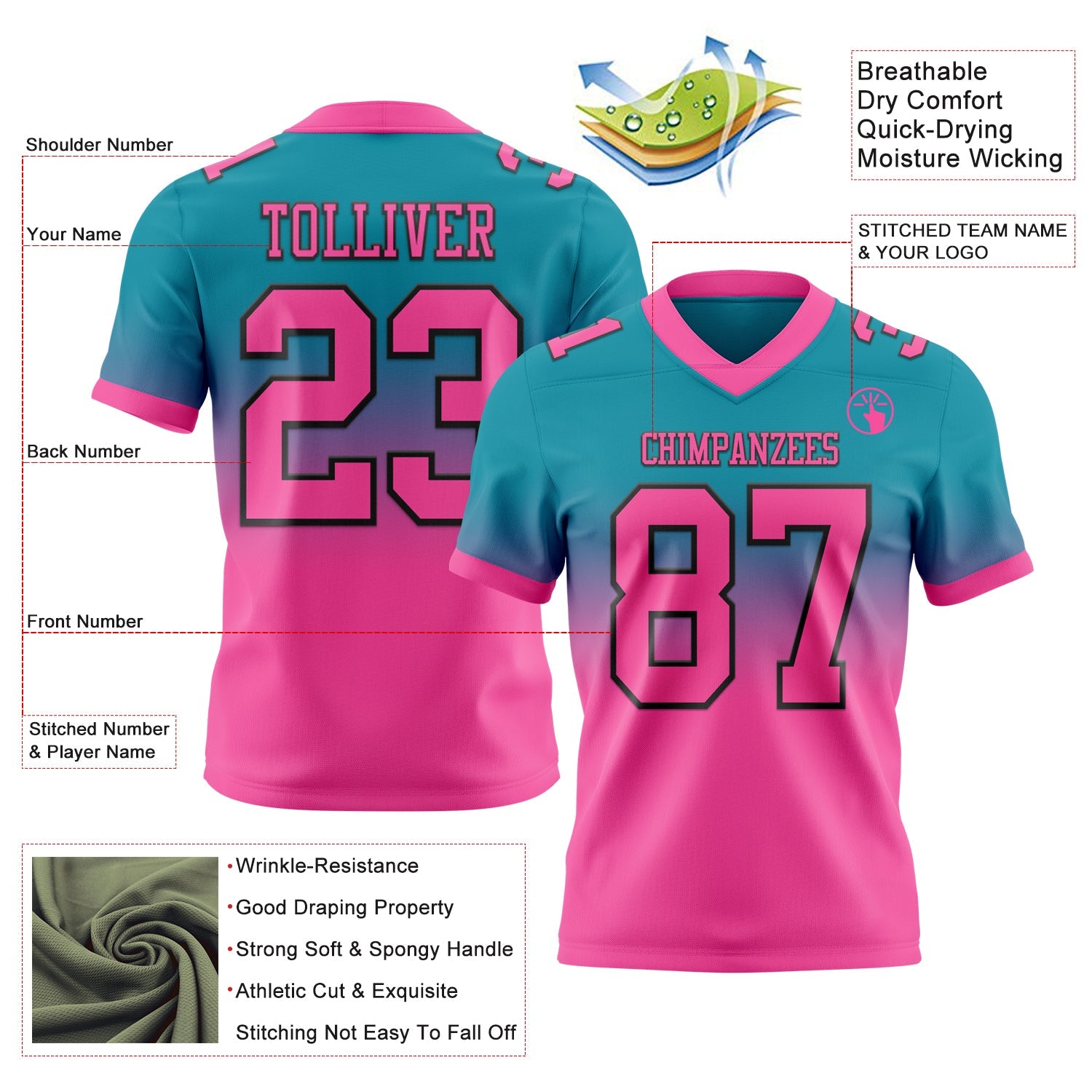 Custom Teal Pink-Black Authentic Fade Fashion Football Jersey view 2