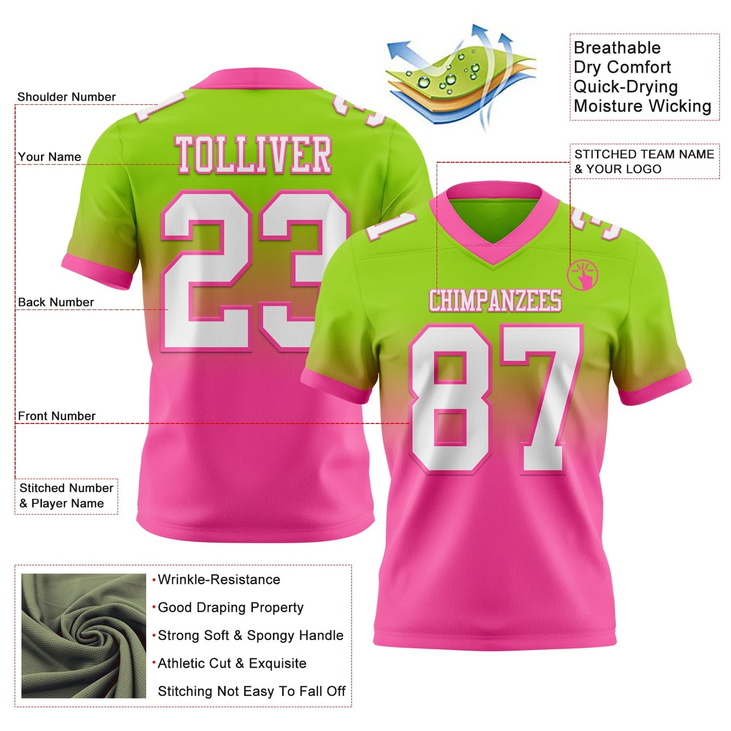 Custom Neon Green White-Pink Authentic Fade Fashion Football Jersey view 2
