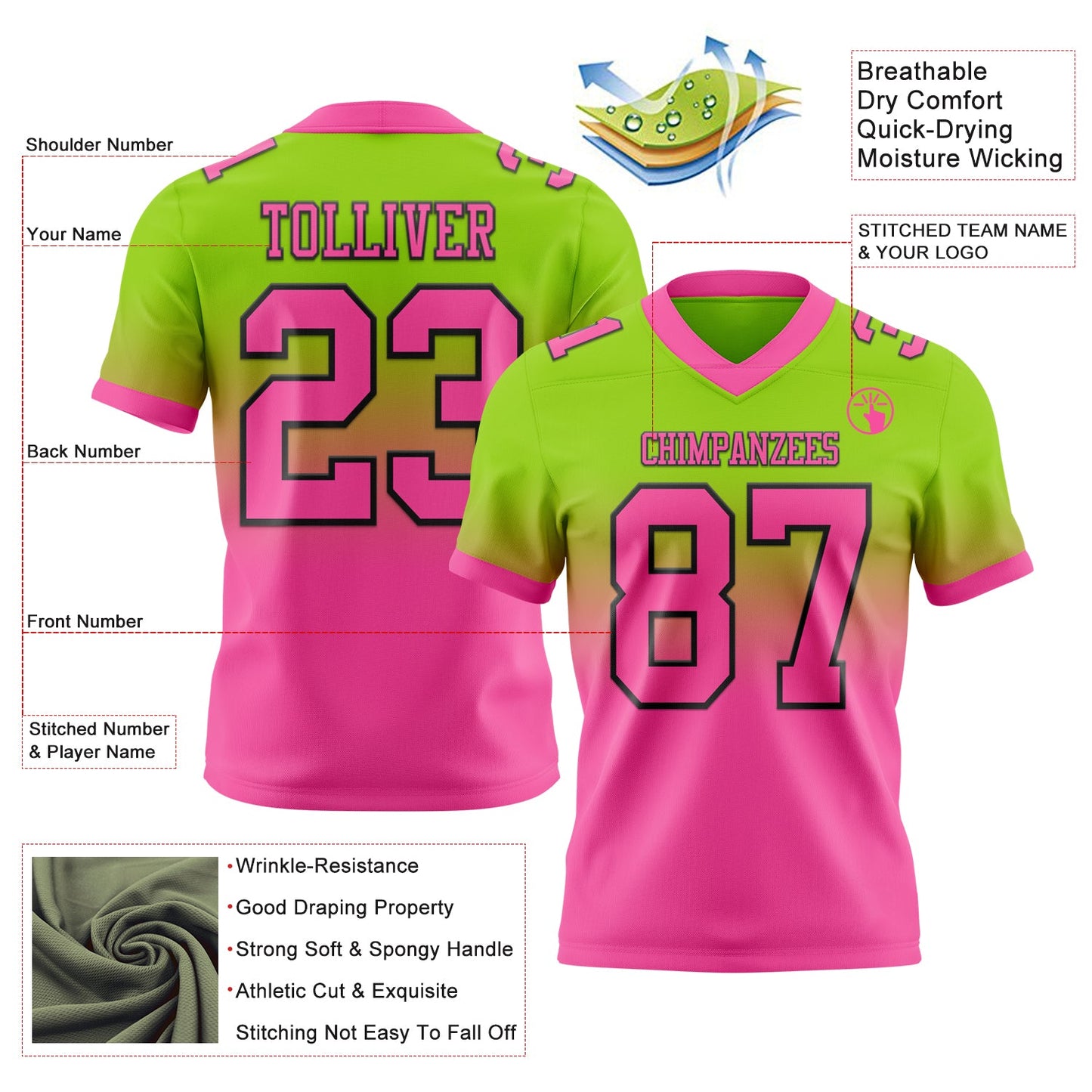 Custom Neon Green Pink-Black Authentic Fade Fashion Football Jersey view 2