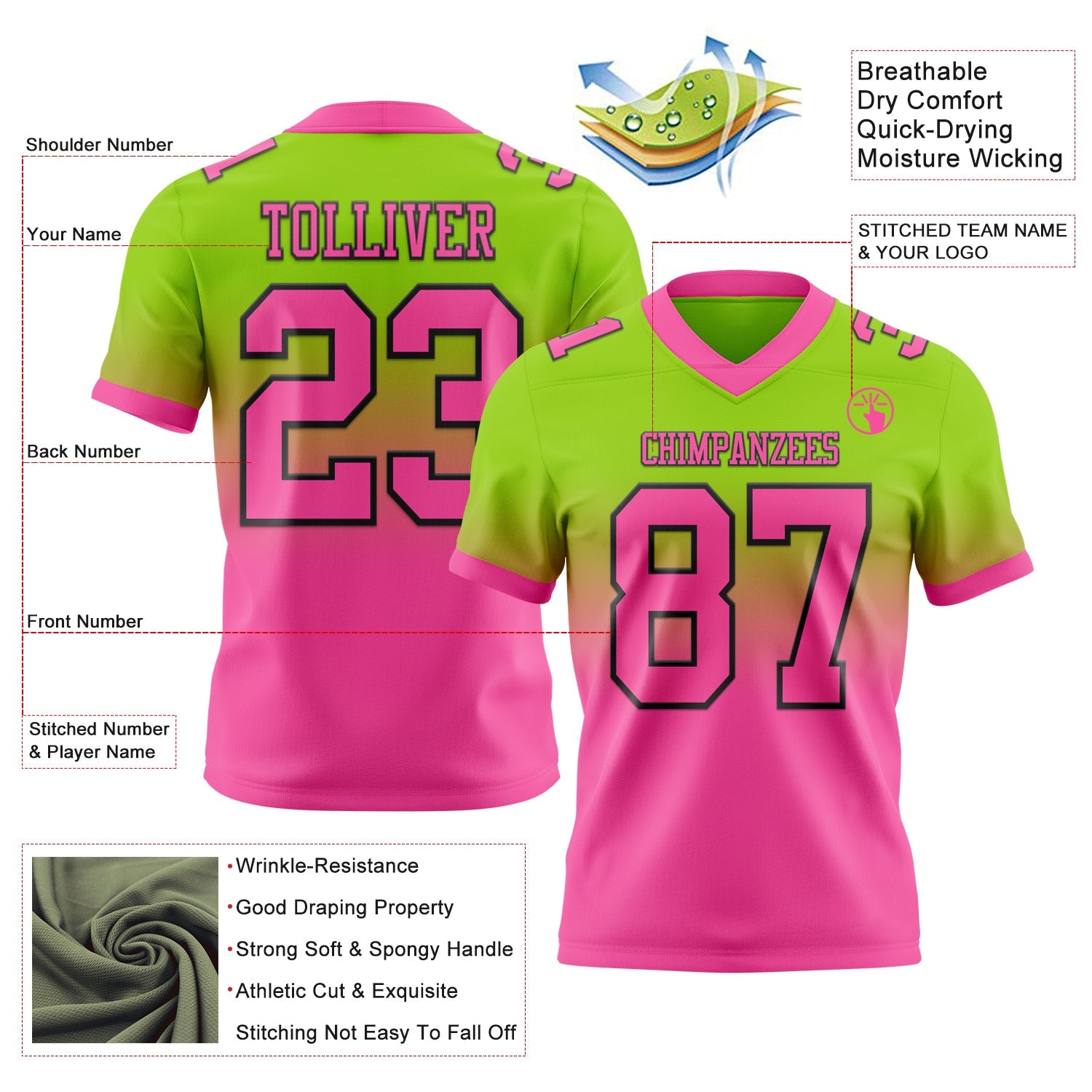 Custom Neon Green Pink-Black Authentic Fade Fashion Football Jersey view 2