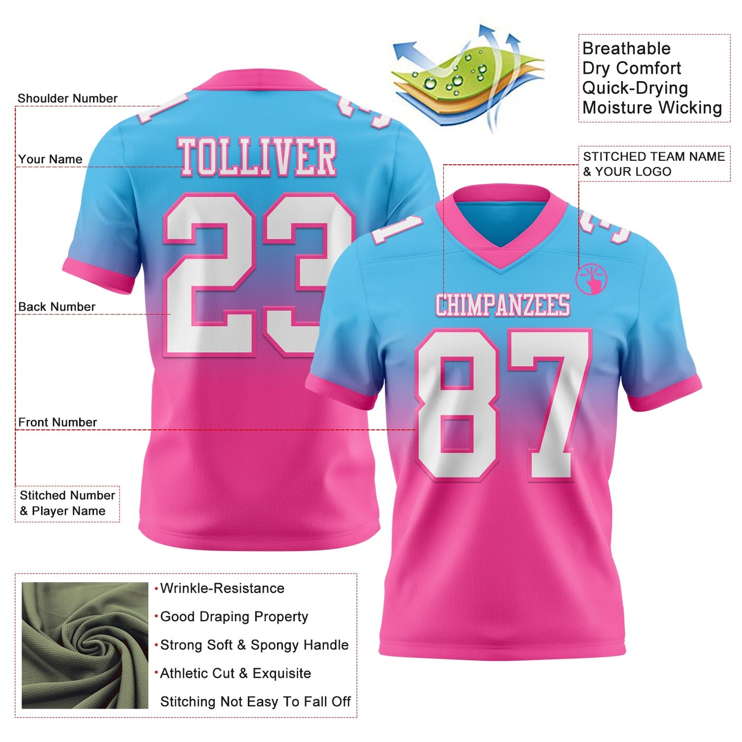 Custom Sky Blue White-Pink Authentic Fade Fashion Football Jersey view 2