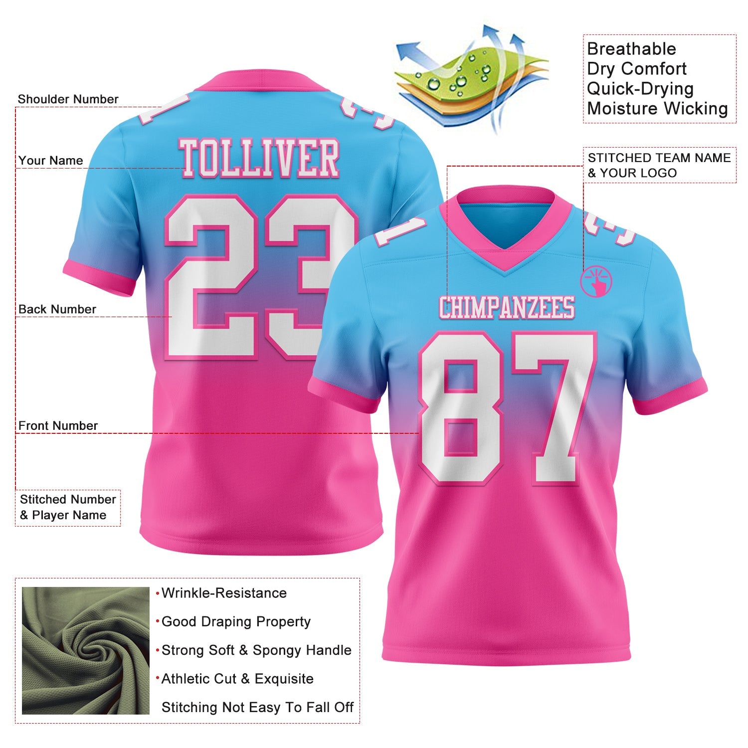 Custom Sky Blue White-Pink Authentic Fade Fashion Football Jersey view 2